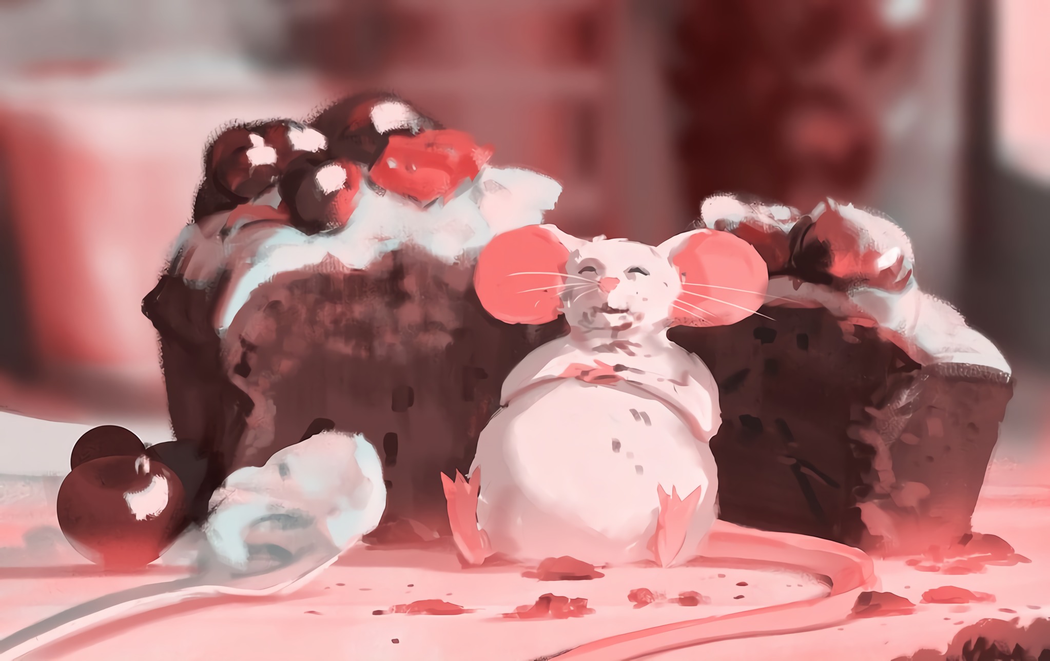 Digital Art Artwork Mice Mouse Ears Stuffed Animal Animals Cake Food Atey Ghailan Cherries 2046x1288