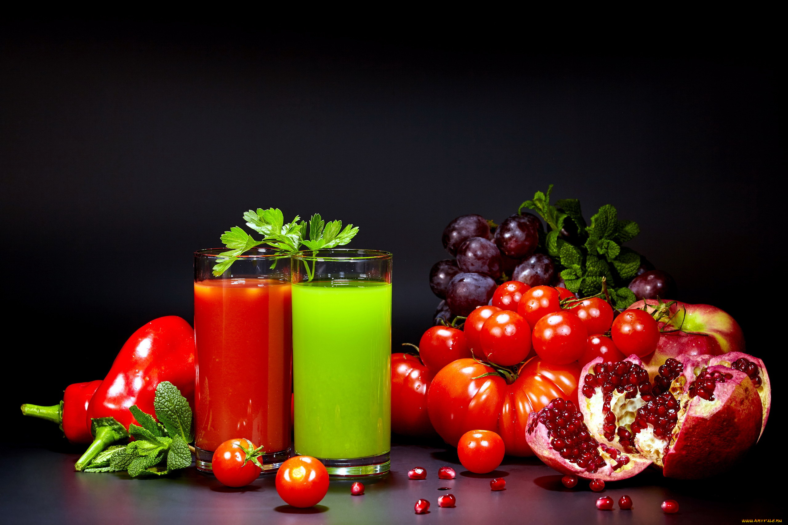 Food Simple Background Tomatoes Vegetables Pomegranate Grapes Red Pepper Mint Leaves Cilantro Glass  2560x1706