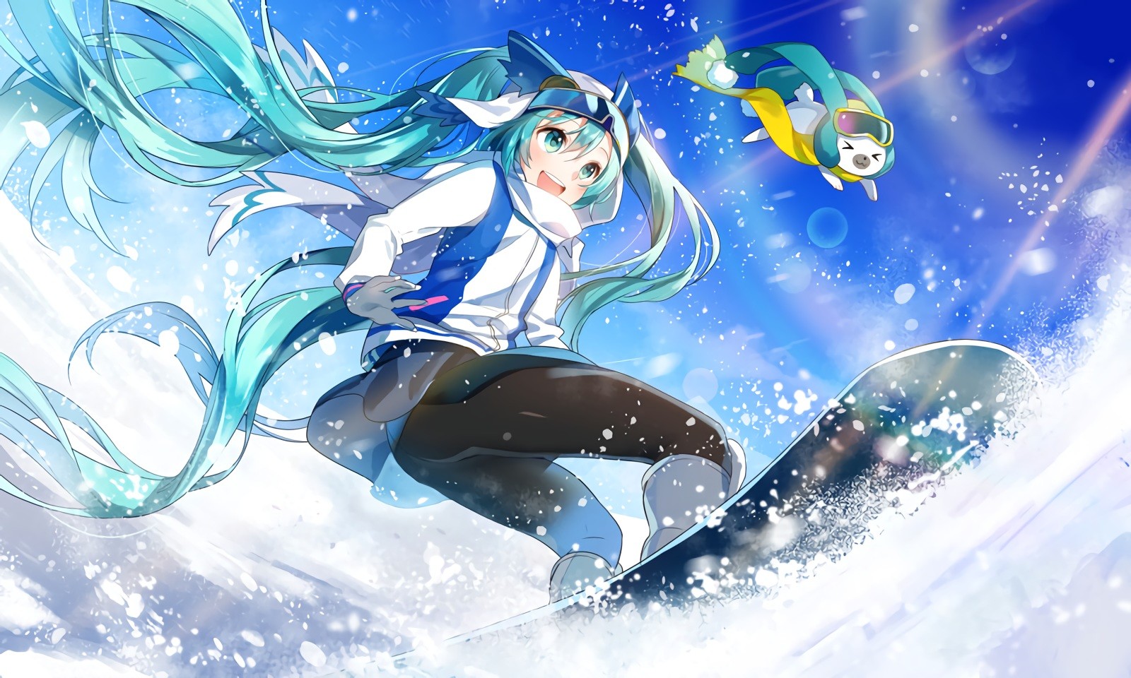 Anime Anime Girls Vocaloid Hatsune Miku Yuki Miku Aqua Eyes Aqua Hair Boots Clouds Gloves Headdress  1600x960