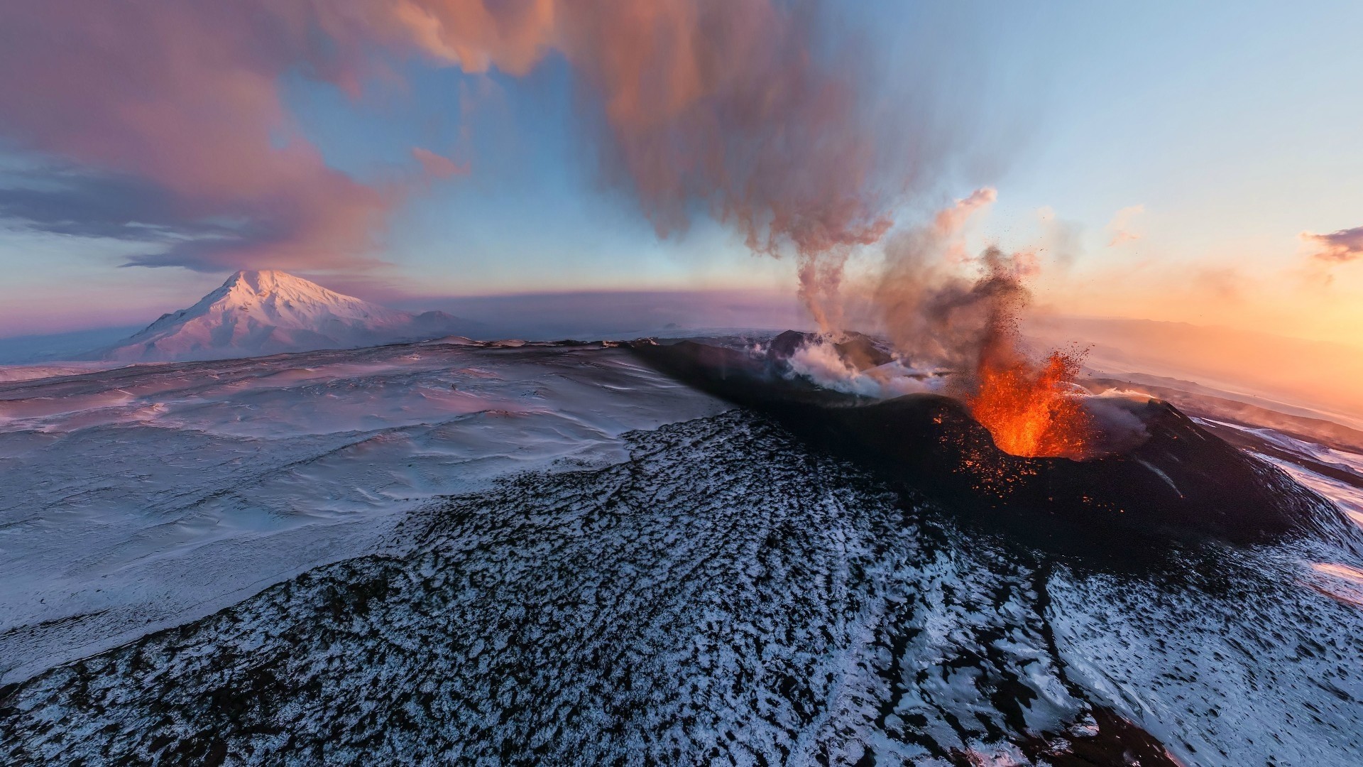 Volcano Mountains Winter Snow Lava Clouds Nature Landscape Eruption Kamchatka Russia Sunset Aerial V 1920x1080