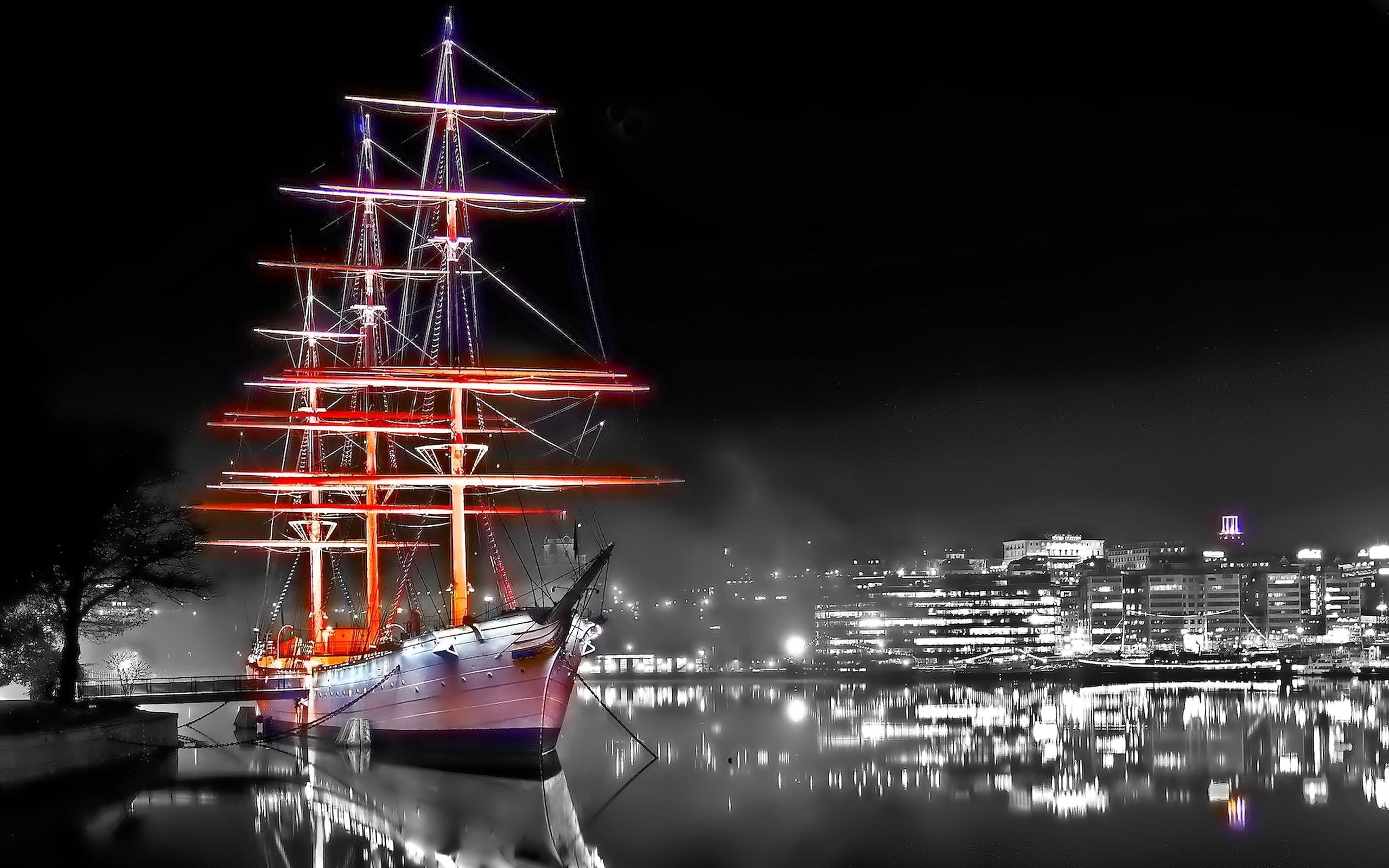 Sailing Ship Night Selective Coloring Cityscape Ship Stockholm 2560x1600