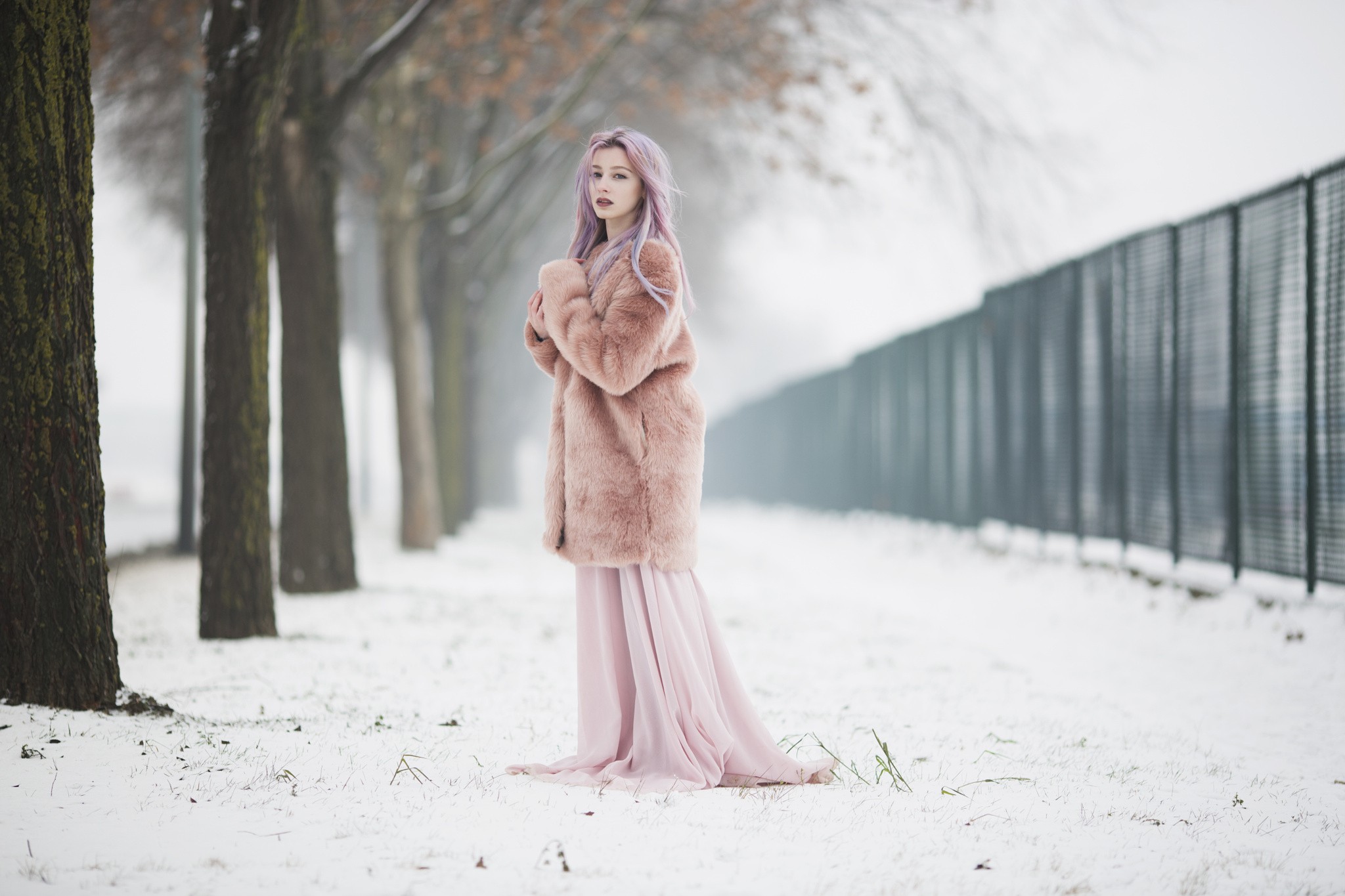 Winter Women Looking At Viewer Alone Pink Hair Blonde Snow Fur Coats Women Outdoors Classy Public Pi 2048x1365