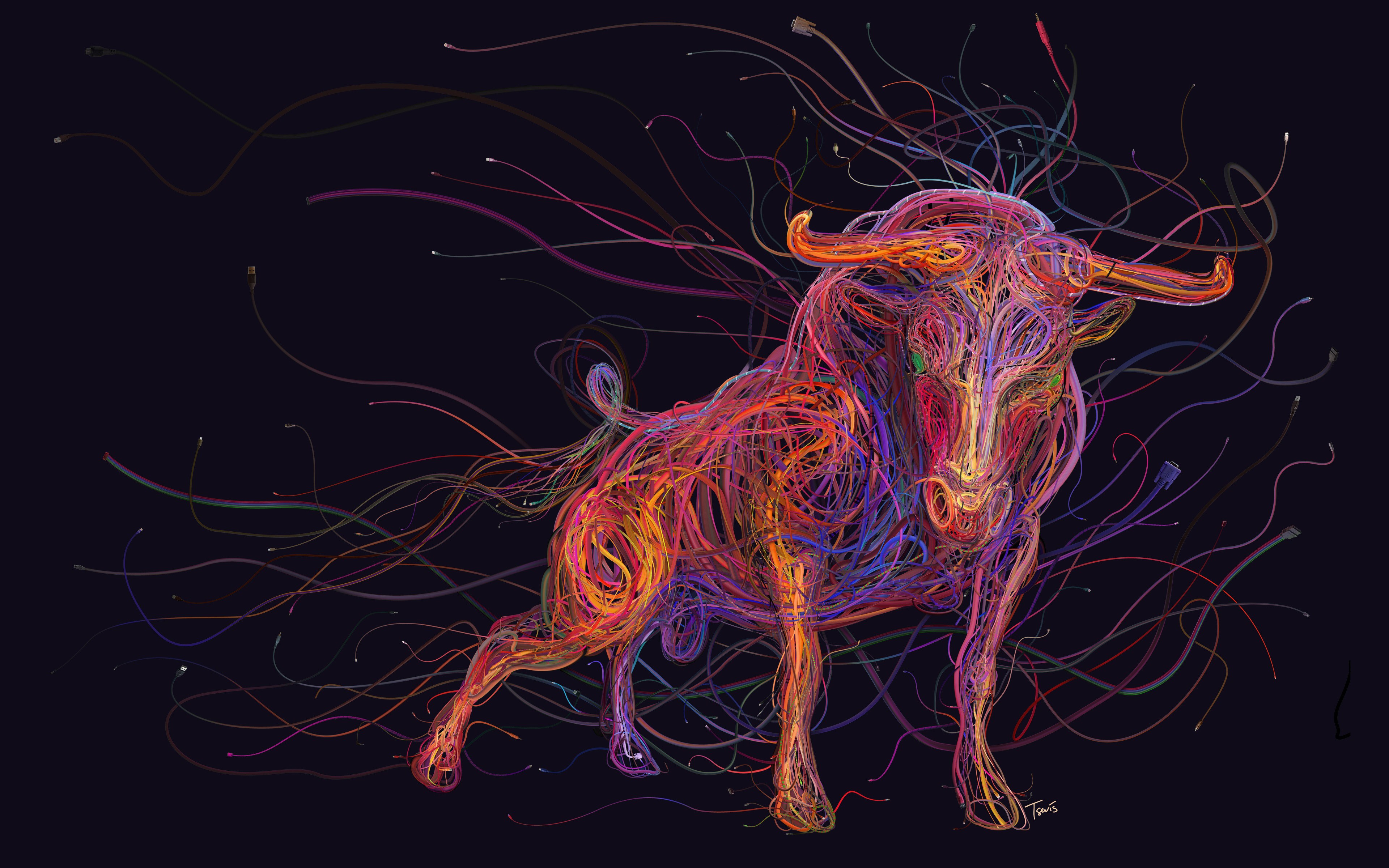Bull Colorful Digital Art Animals Ethernet USB Wires 3840x2400
