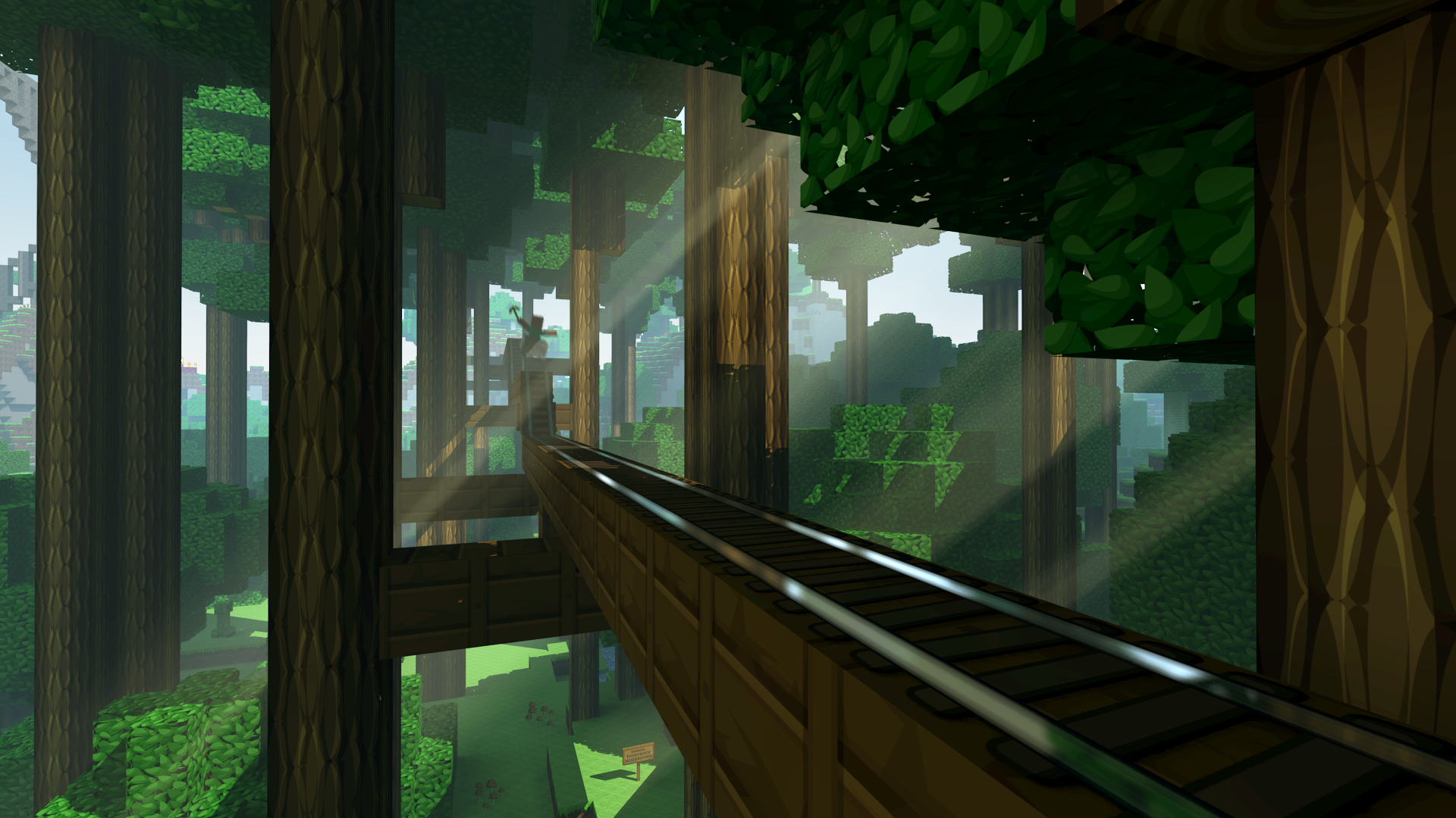 Minecraft Railway Trees Signs Creeper Sun Rays Video Games 1920x1080
