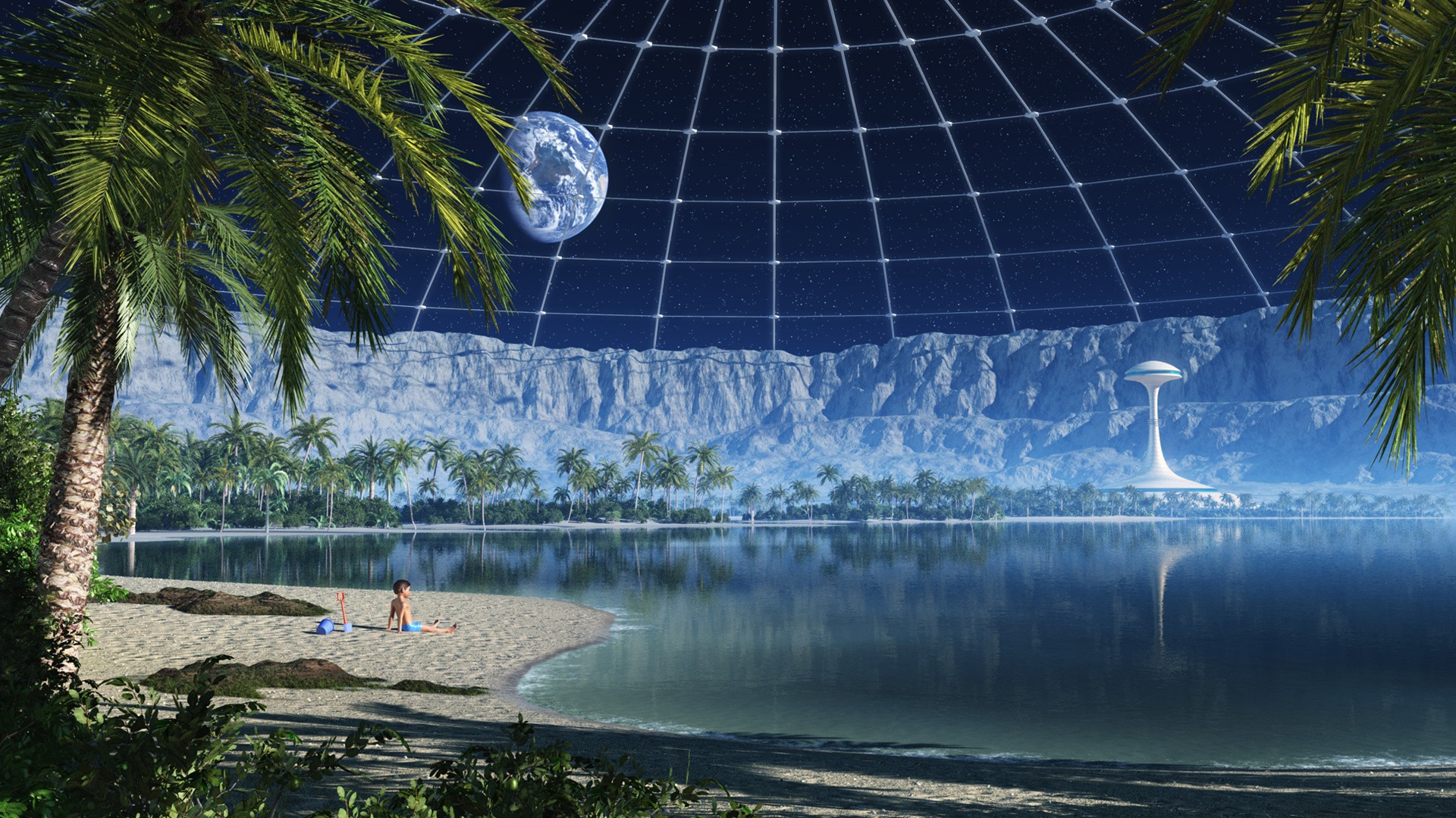 Digital Art Fantasy Art Futuristic Children Sand Water Palm Trees Mountains Earth Globes Sphere Star 1920x1080