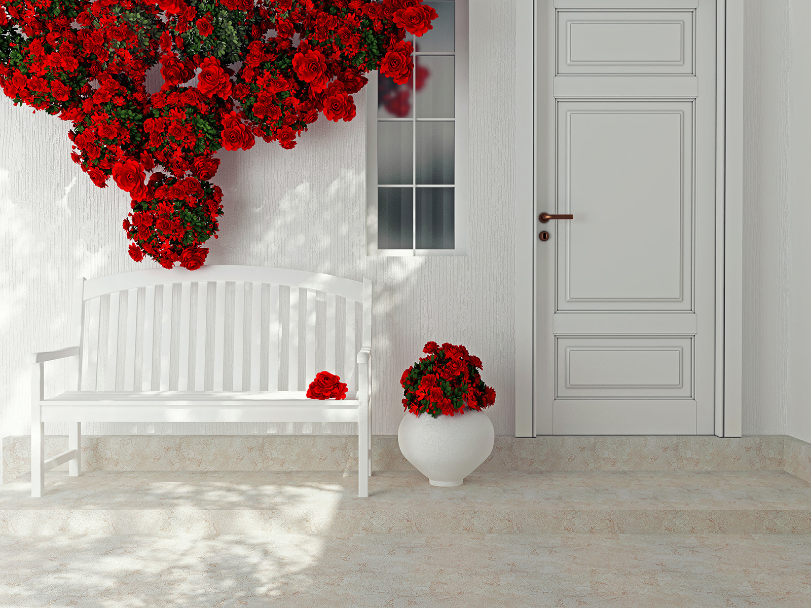 Door Flower Bench White Vase Red Flower 1600x1200