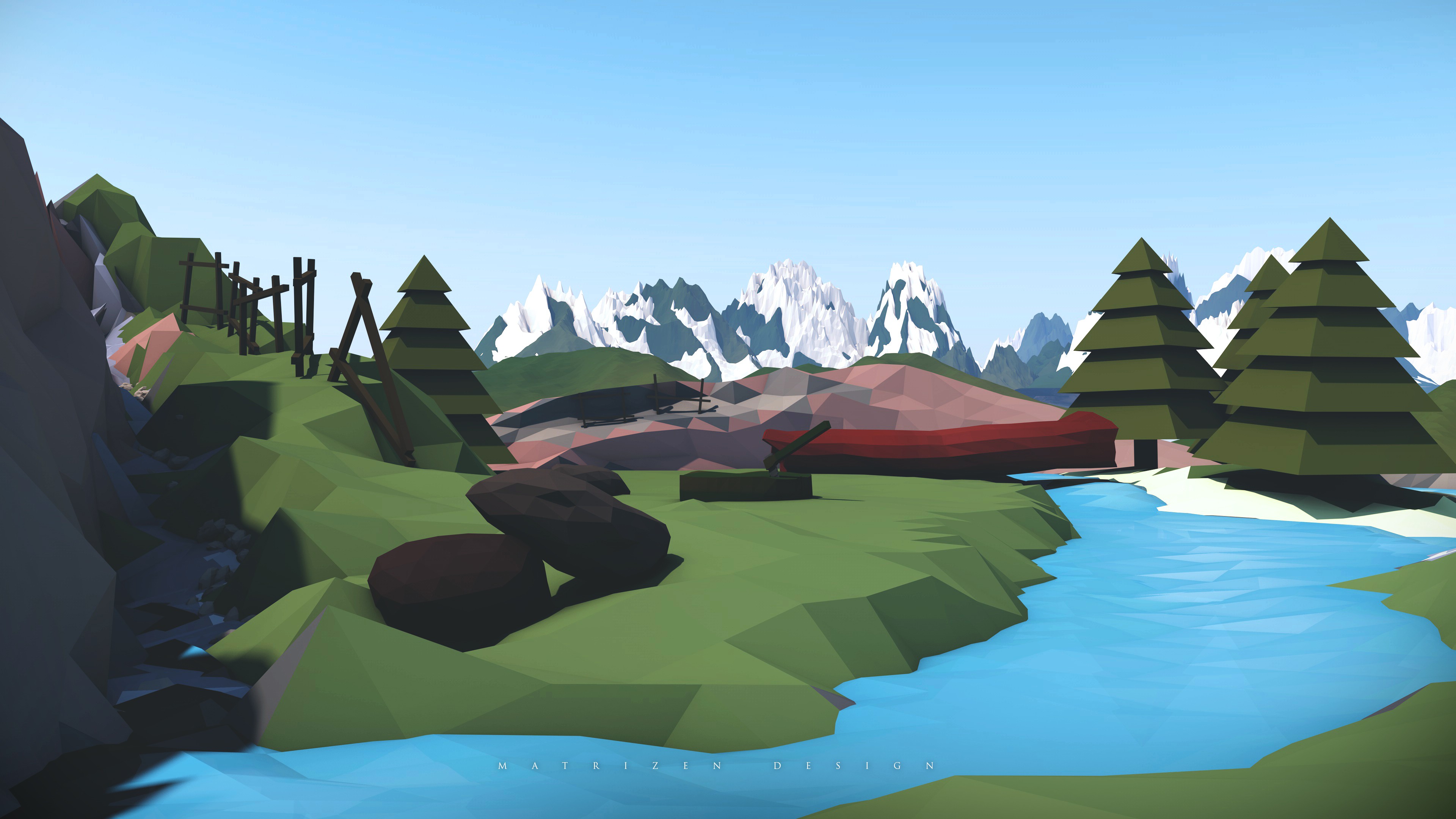Low Poly Landscape Mountains Mist Dead Trees Forest River Water Stones Fence Trunks Axe Hills Digita 3840x2160