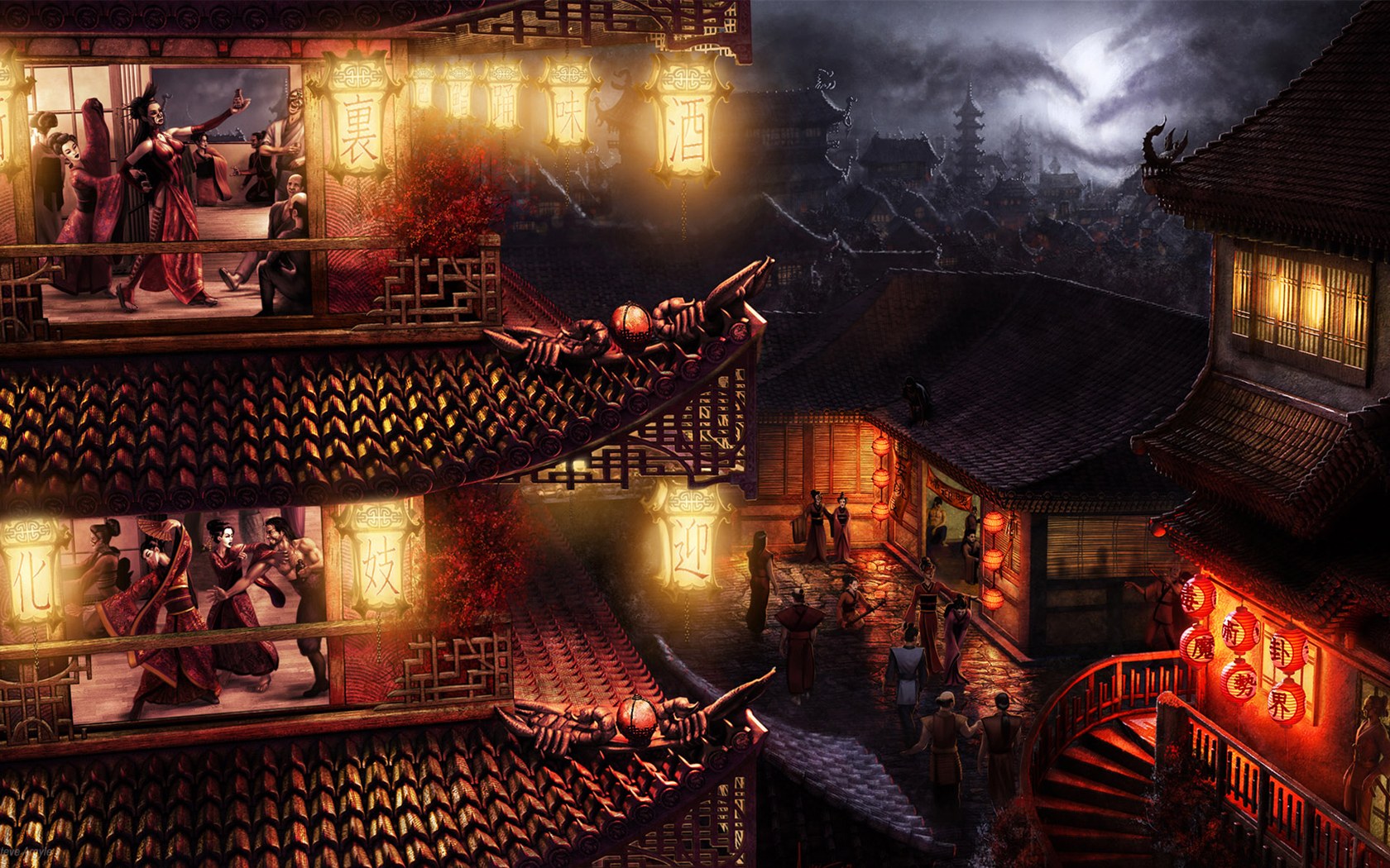 Chinese Architecture Chinese Lantern Fantasy Art Artwork Fantasy City Lantern Night Women Men 1680x1050