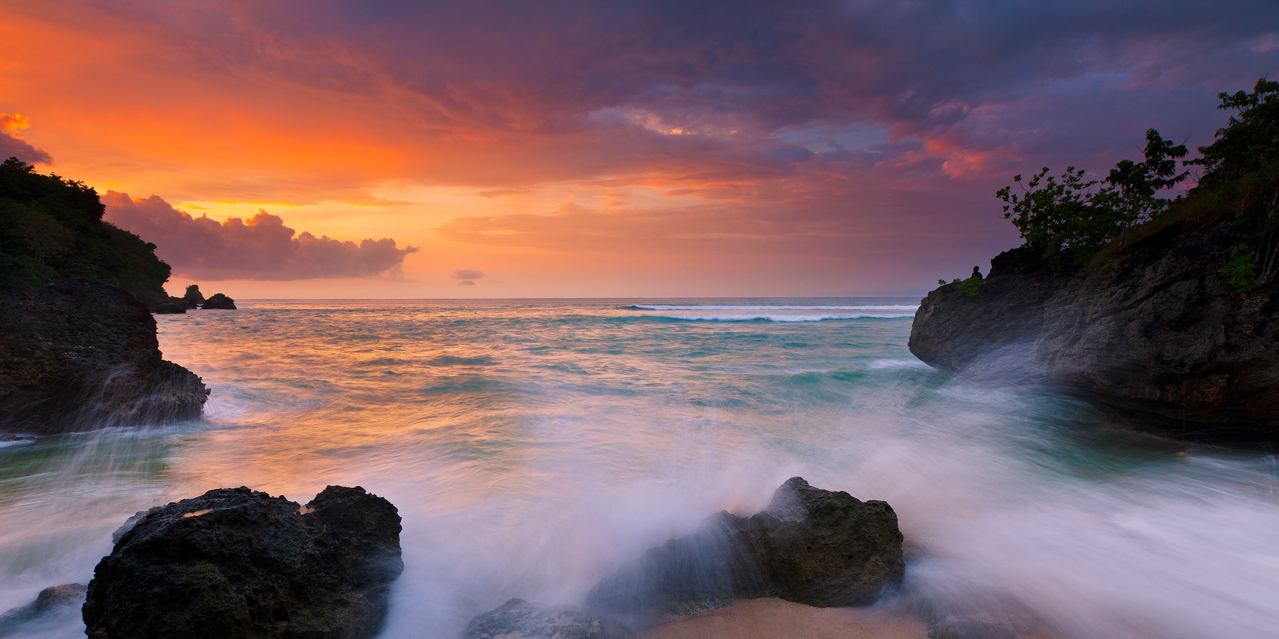 Nature Landscape Sunset Coast Island Beach Rock Sea Clouds Sky Yellow Orange Bali Indonesia Long Exp 2560x1280
