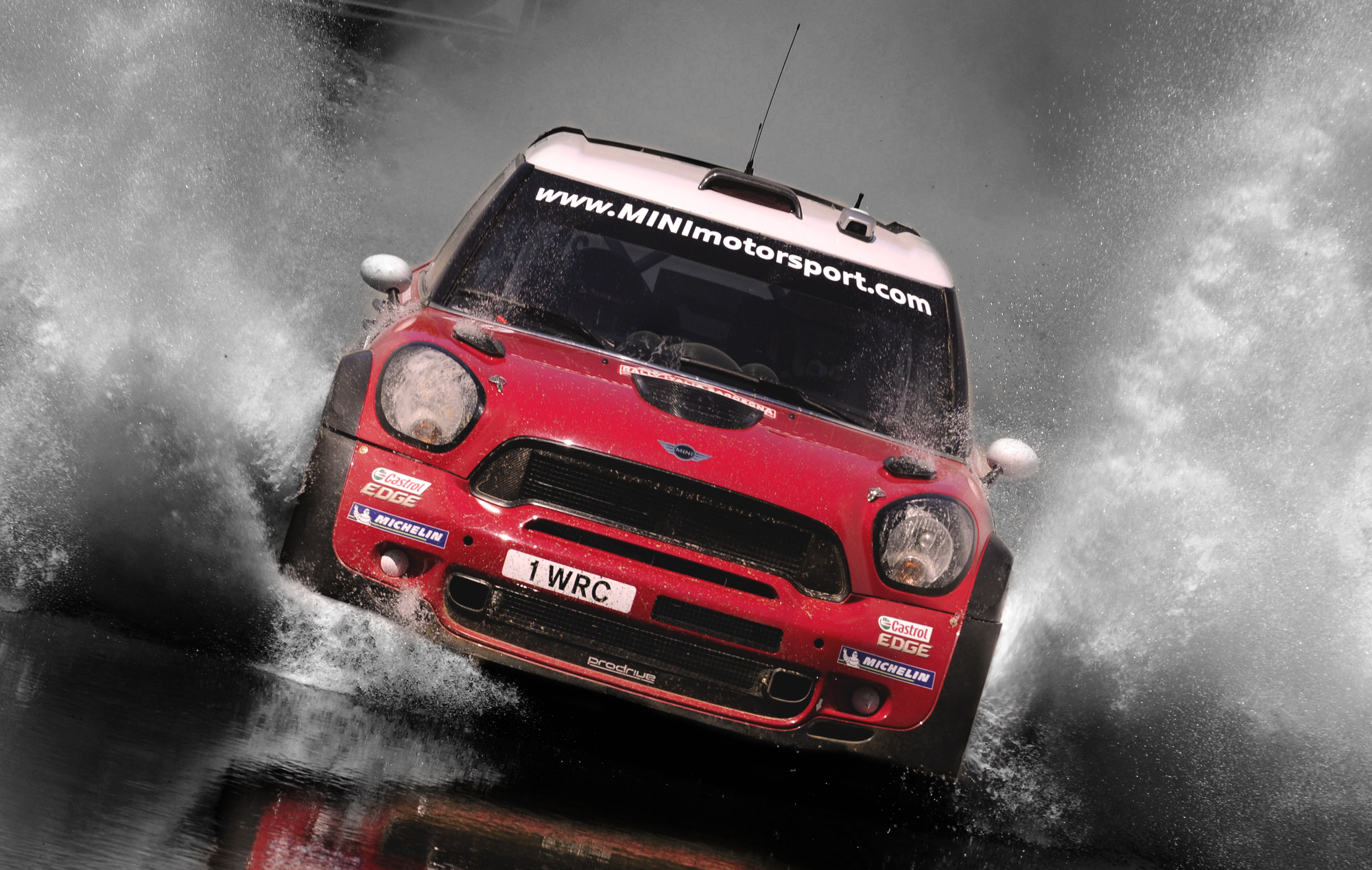 Water Race Cars Rally Mini Cooper Racing Car Vehicle Red Cars Dutch Tilt Frontal View 2000x1268