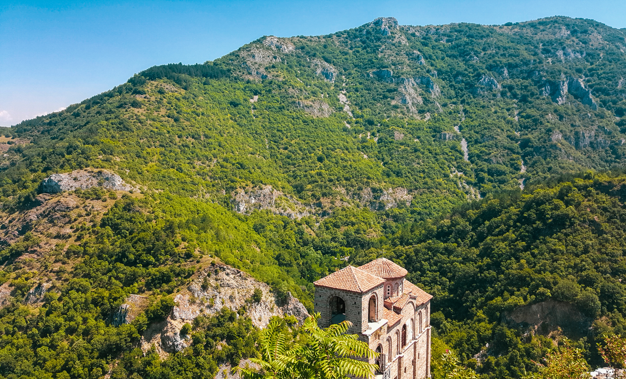 Landscape Bulgaria Asens Fortress Forest Hills Mountains Sky Green Blue Church Asenovgrad Photograph 2048x1242