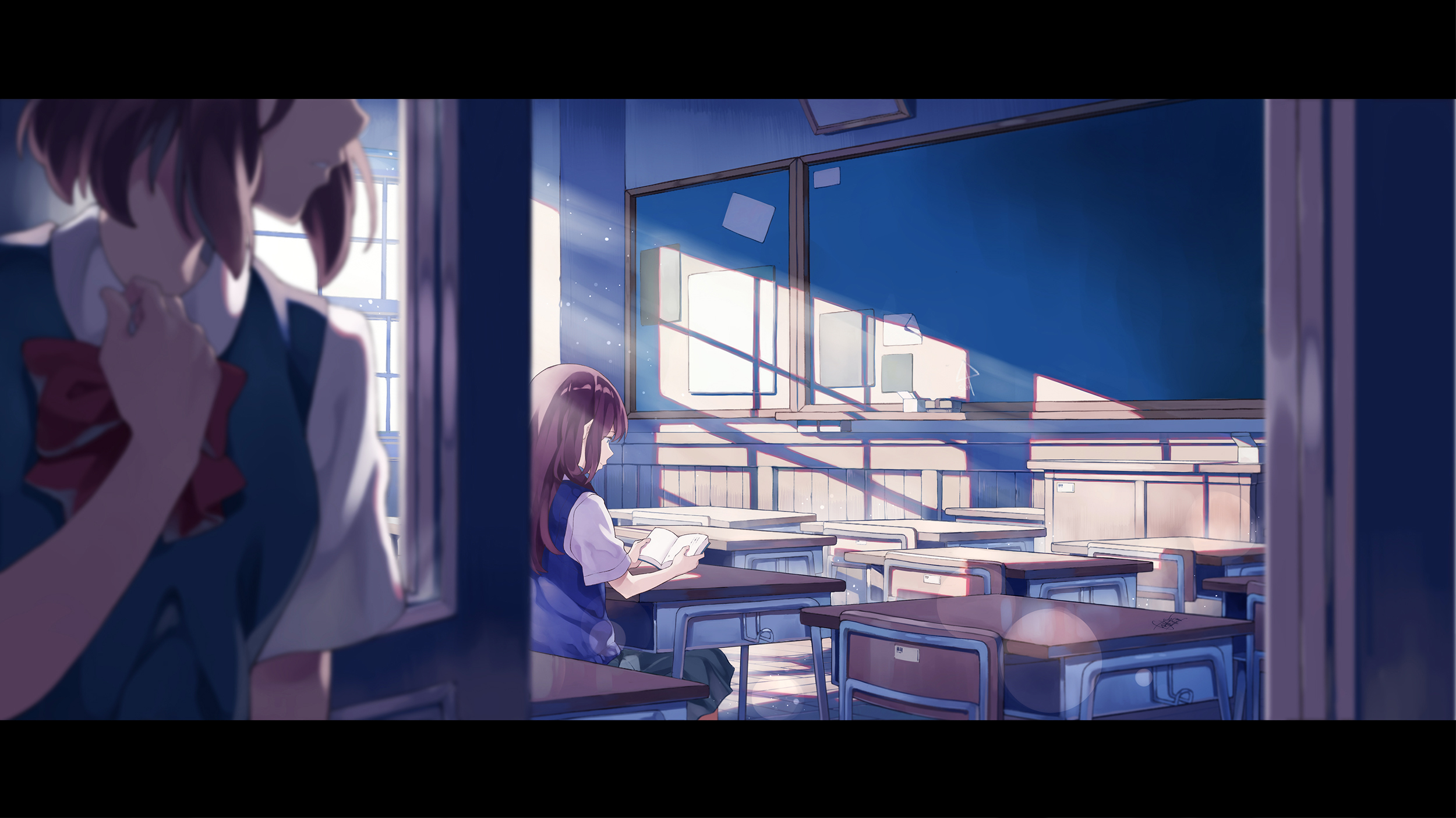 Anime Classroom Anime Girls Reading Books Particle Sunlight Smile School Uniform School 2500x1406