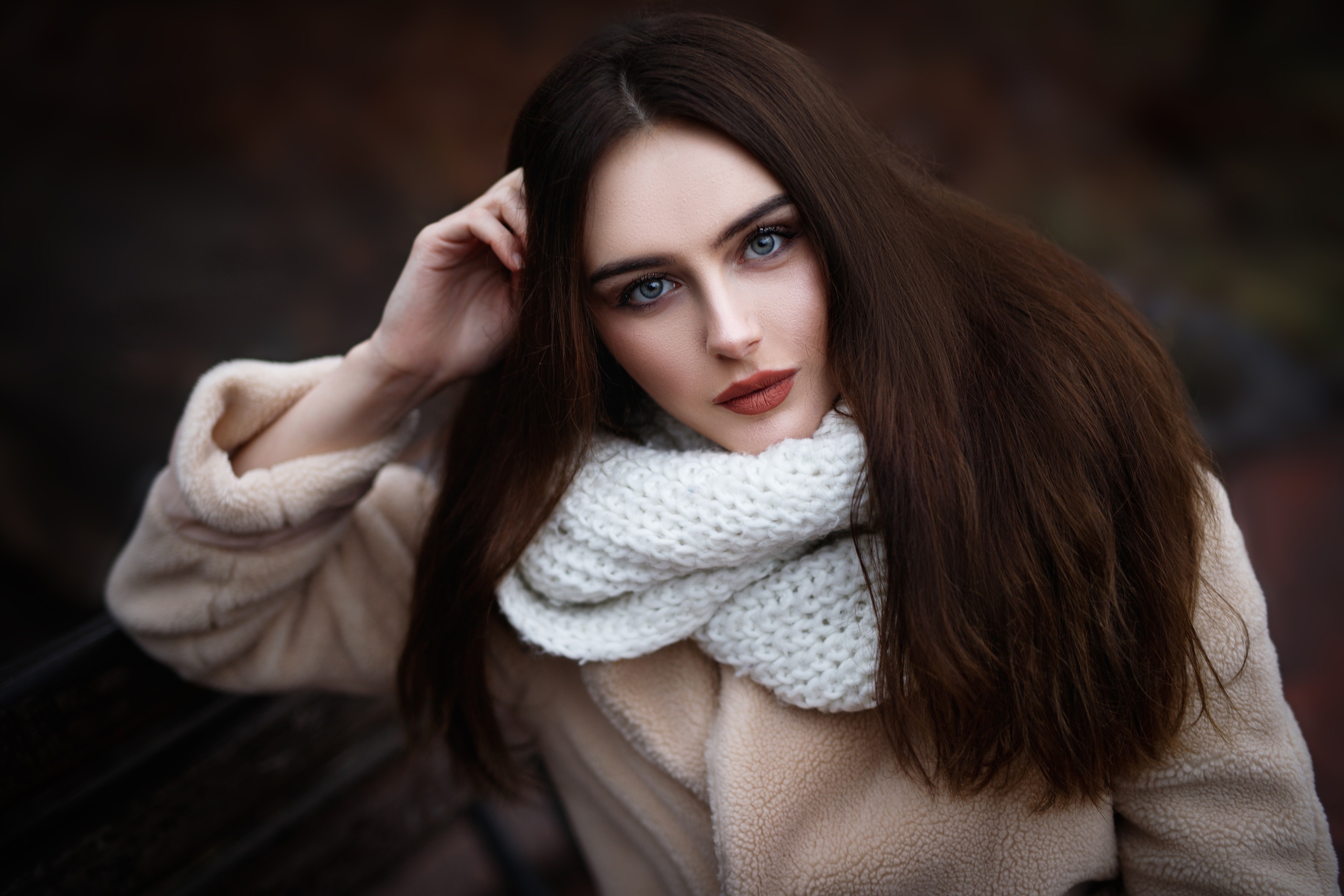 Portrait Face Model Long Hair Women Scarf White Coat Coats Straight Hair On Bench Looking At Viewer  2560x1707