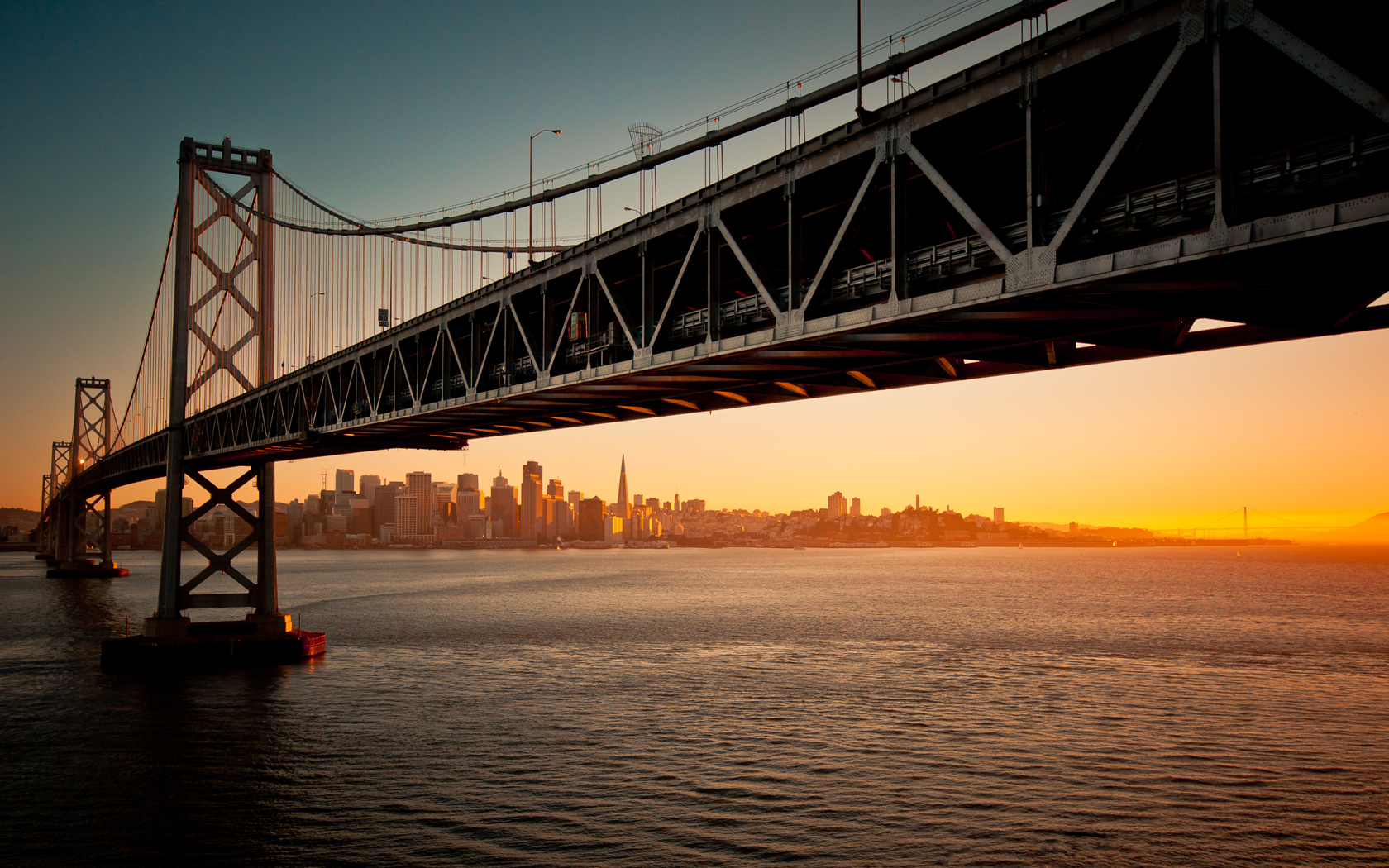 City Sunset Bridge Sky Sunlight Cityscape San Francisco Oakland Bay Bridge Orange Sky Suspension Bri 1680x1050