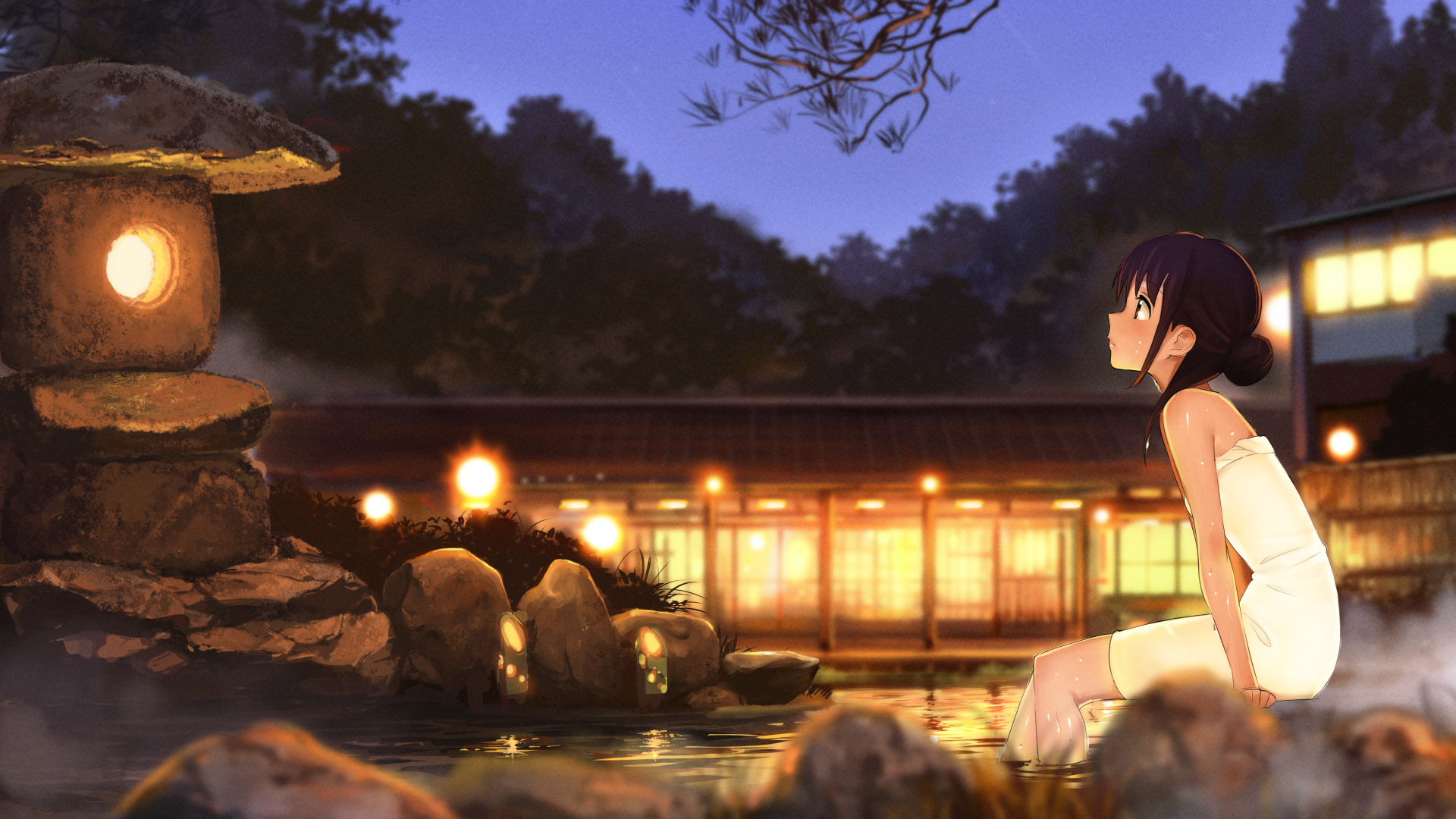 Anime Girls Hot Spring Water Lights House Outdoors 1920x1080