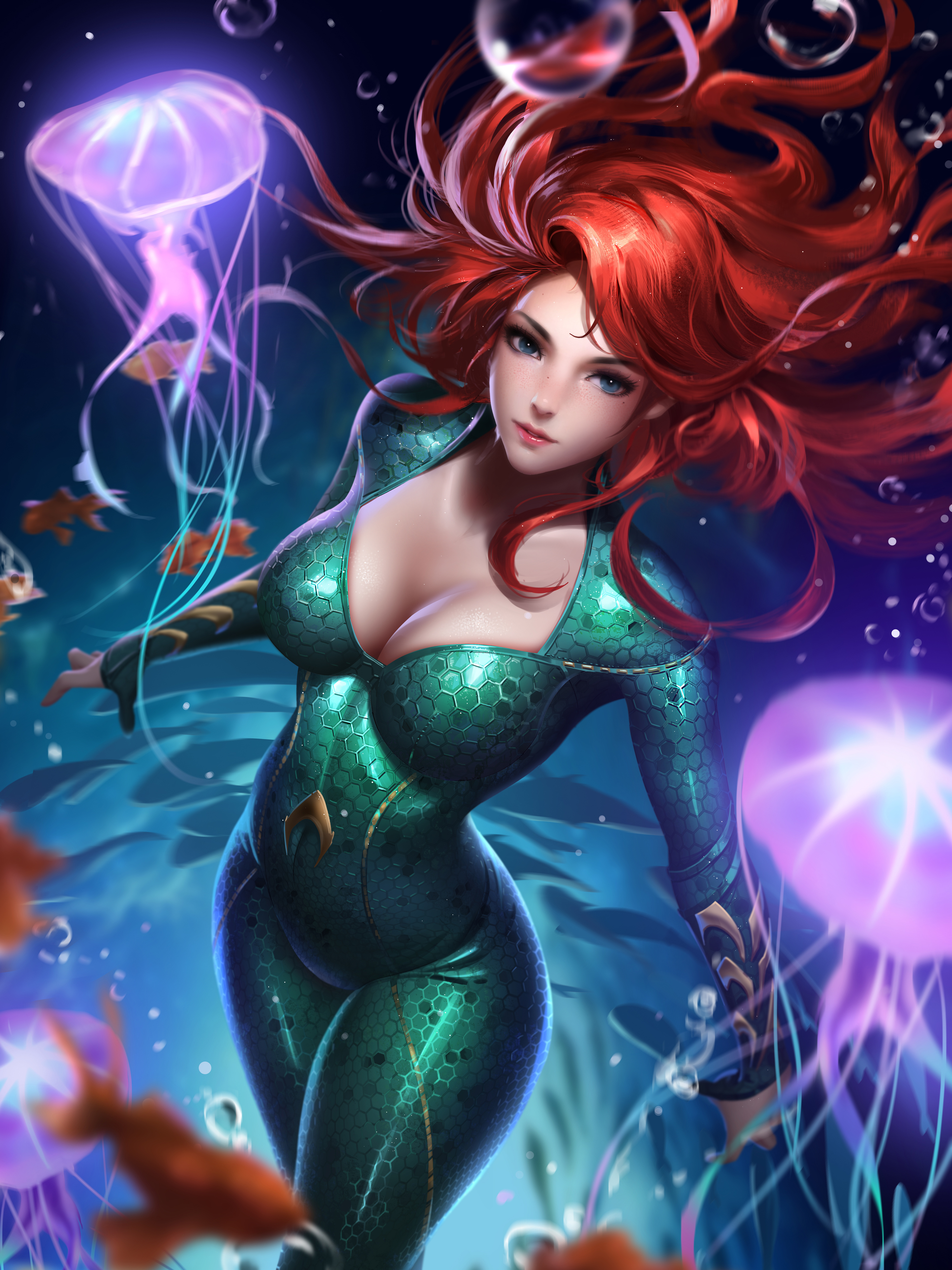 Mera Aquaman Comic Girls Superheroines DC Comics Women Redhead Long Hair Blue Eyes Looking At Viewer 3000x4000
