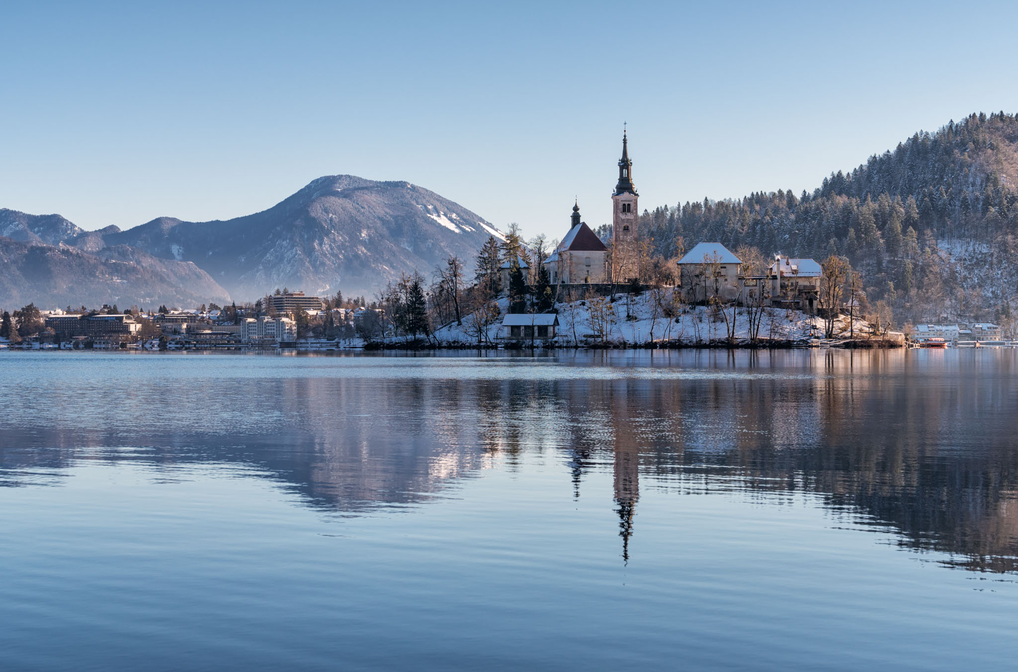Architecture House Church Building Lake Bled Slovenia Island Mountains Winter Snow Trees Lake Forest 2048x1352