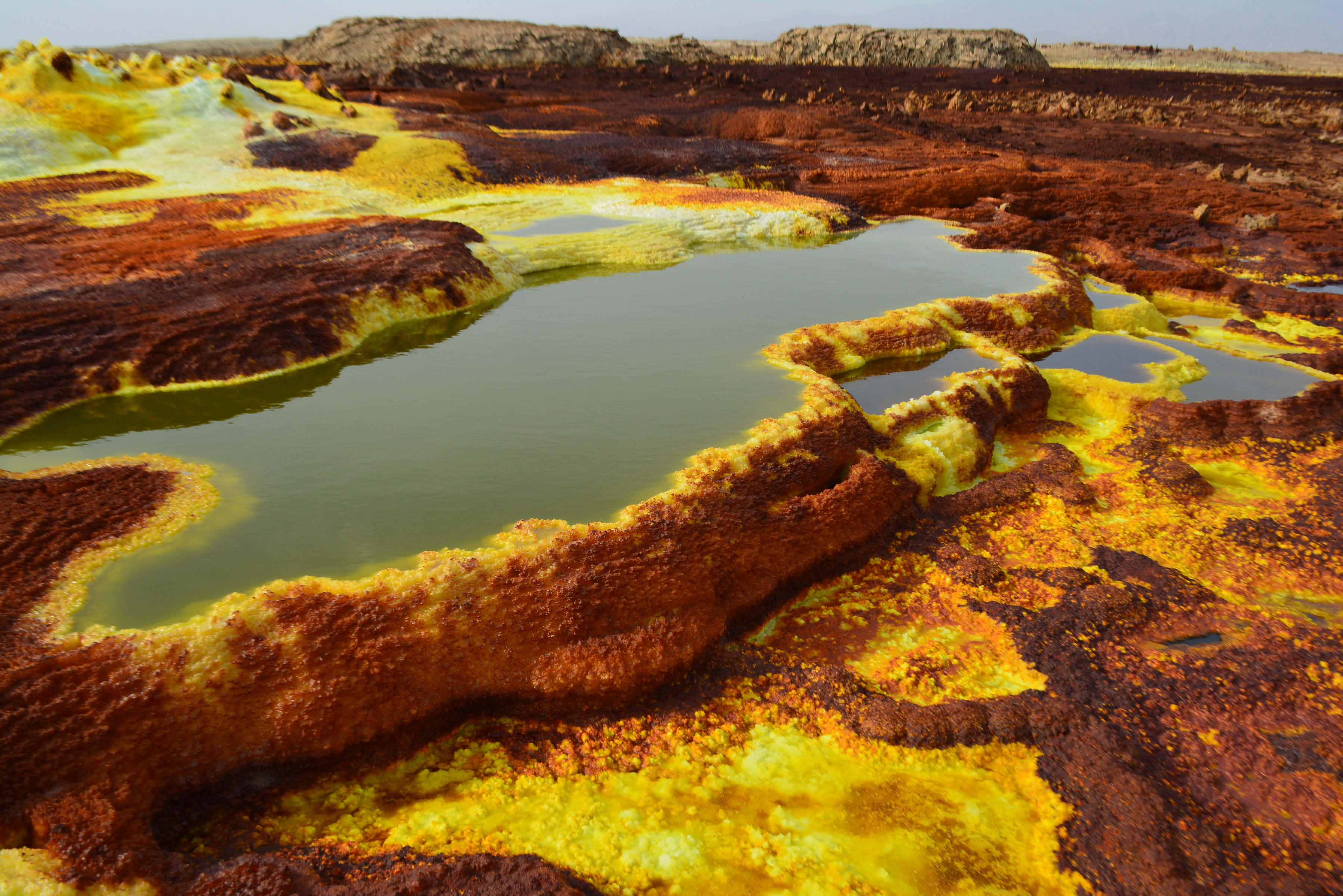 Nature Landscape Ethiopia Desert Danakil Desert Sulphur Rock Water Salt 3597x2400