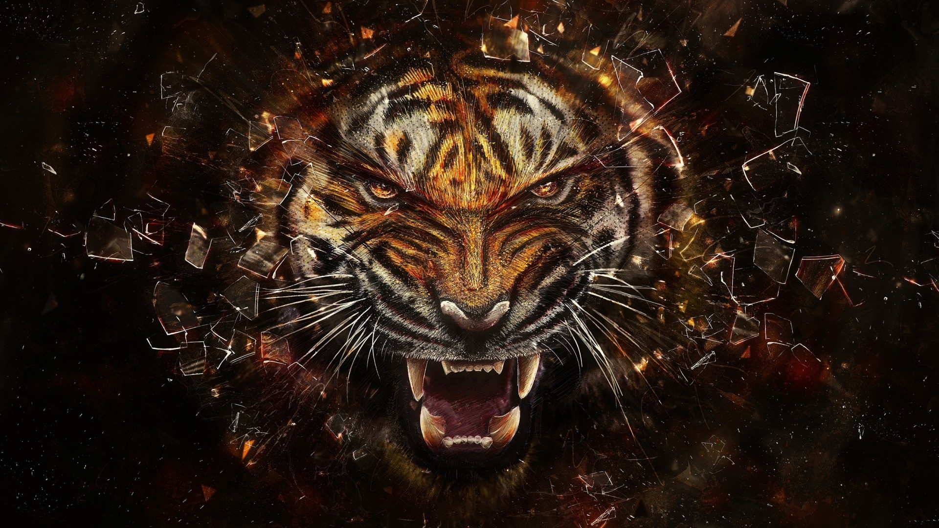 Tiger Glass Broken Glass Shards Face Teeth Animals Artwork Digital Art 1920x1080
