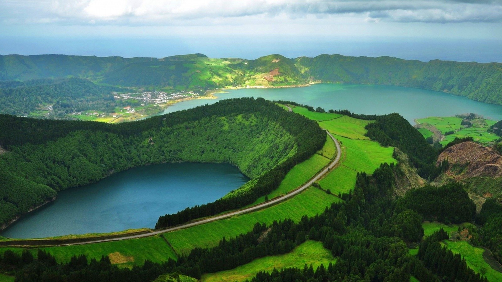 Nature Landscape Lake Portugal Road Green Trees Clouds Azores 1600x900