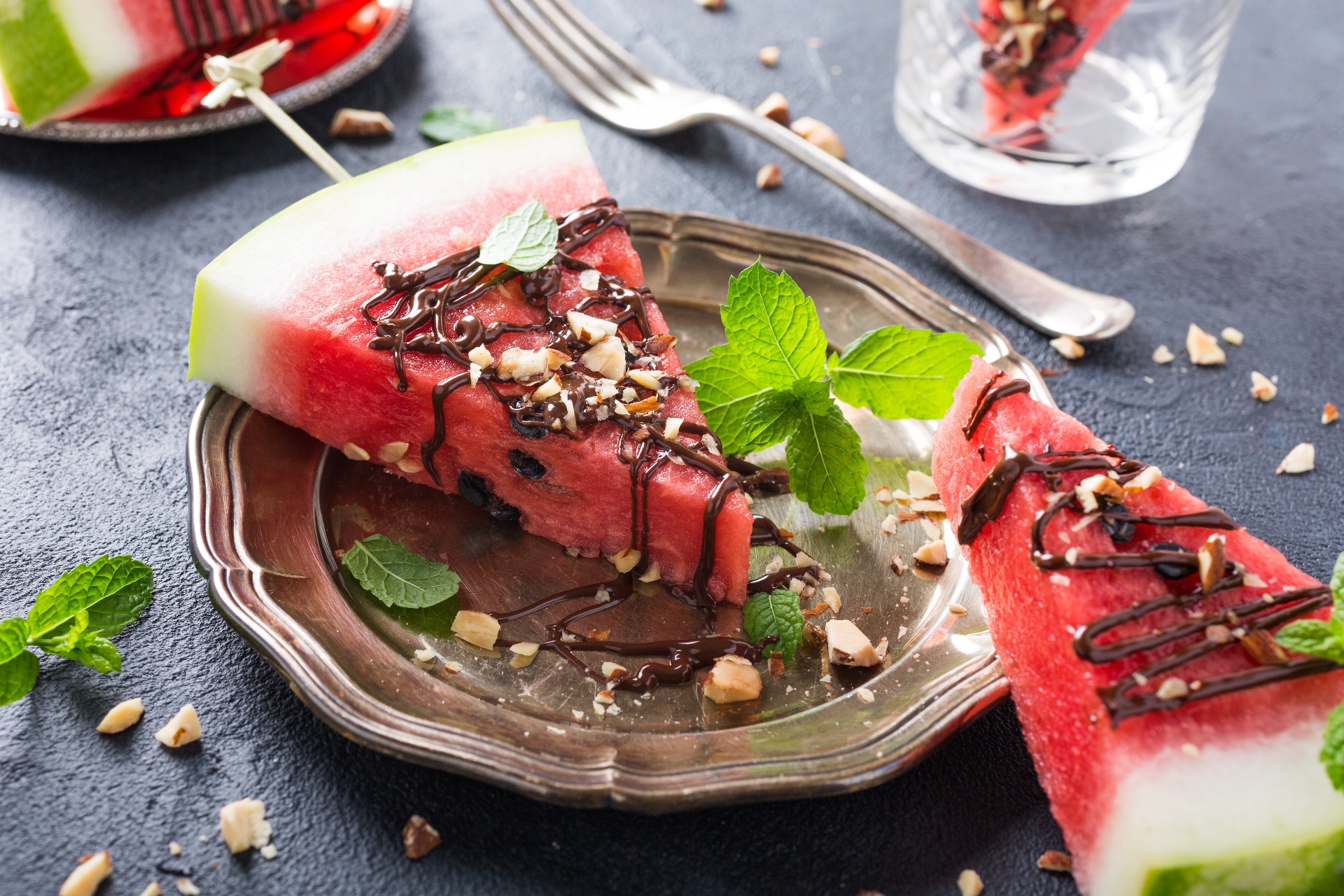 Food Sweets Cake Fork Mint Leaves Watermelons Nuts 1920x1280