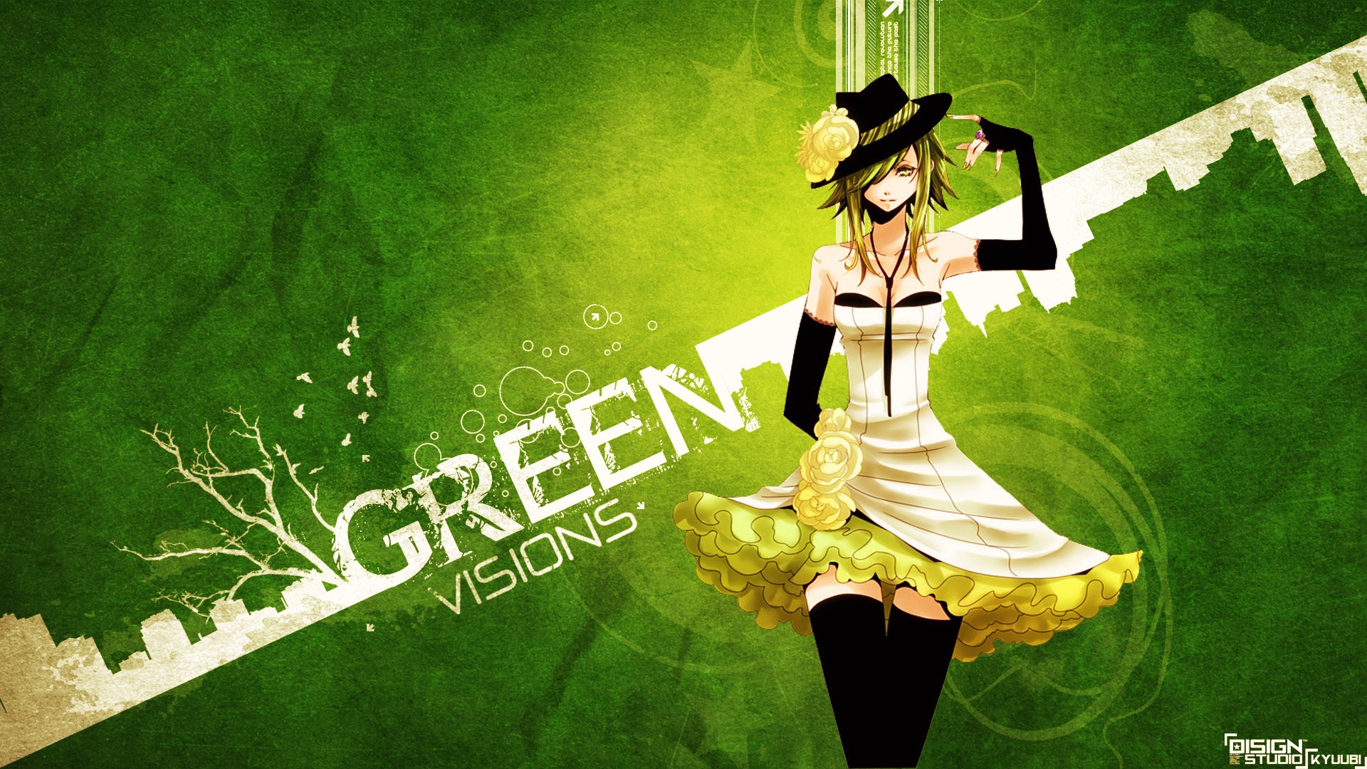 Green Anime Girls Anime Dress Green Background Hat Wallpaper ...