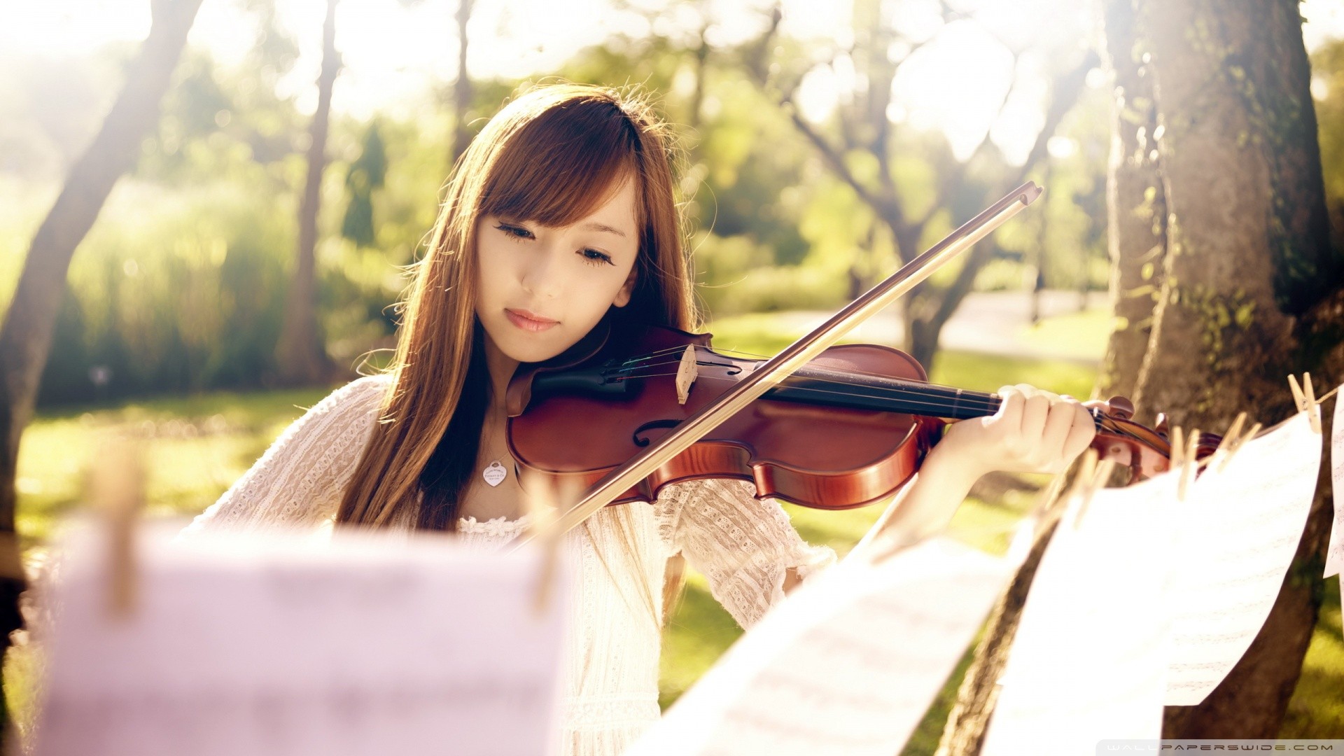 Women Asian Brunette Long Hair Focused White Tops Violin Musician 1920x1080