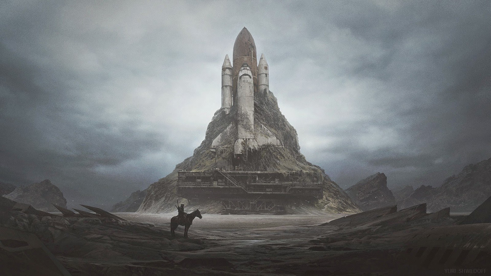 Apocalyptic Space Shuttle Launch Pads Horse Dystopian Wasteland Artwork Beige 1920x1080