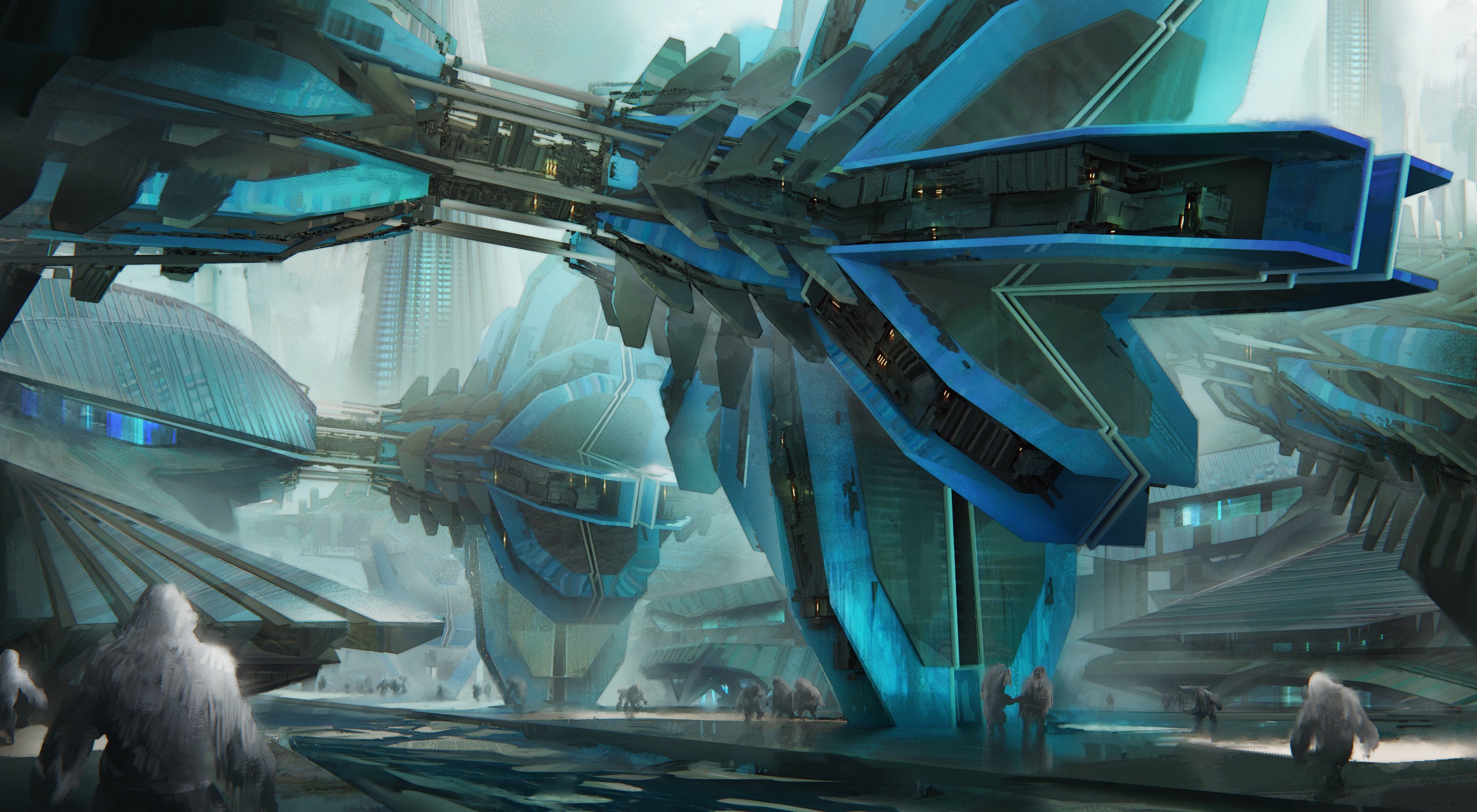 Artwork Science Fiction Futuristic Blue Turquoise Yeti 2560x1408