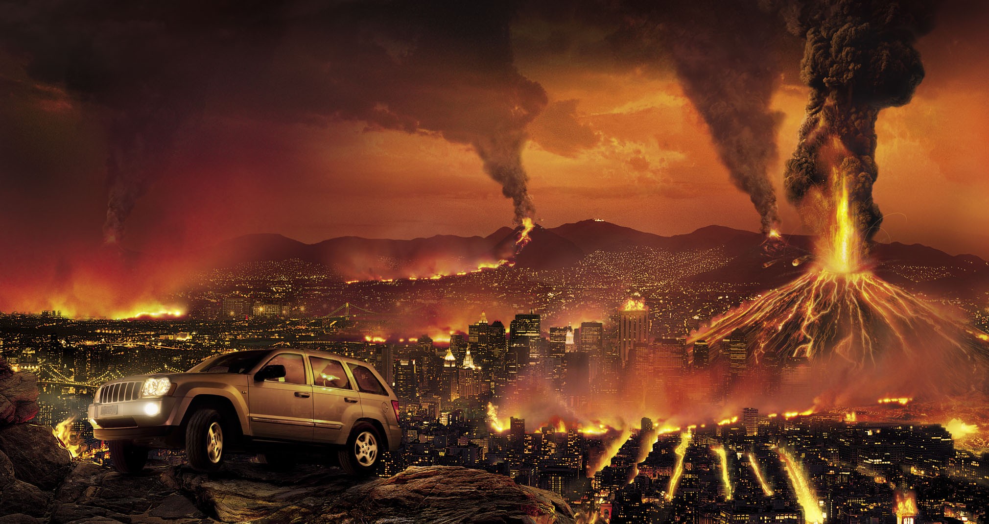 Apocalyptic Volcano Cityscape Car Sky Vehicle Lava Fire Jeep Grand Cheeroke Jeep 2020x1070