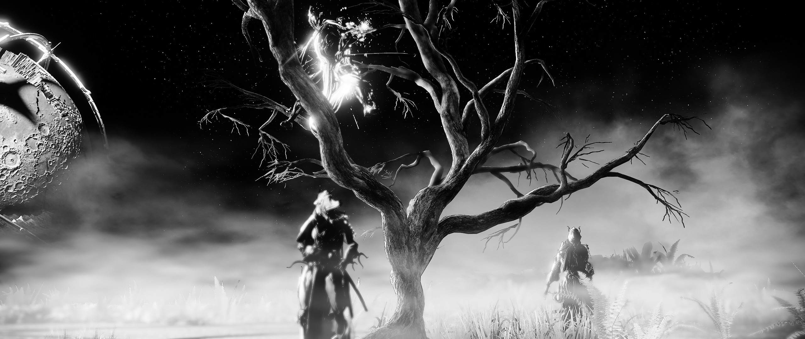 Warframe Video Game Characters Video Games Moon Excalibur Warframe Monochrome 2560x1080