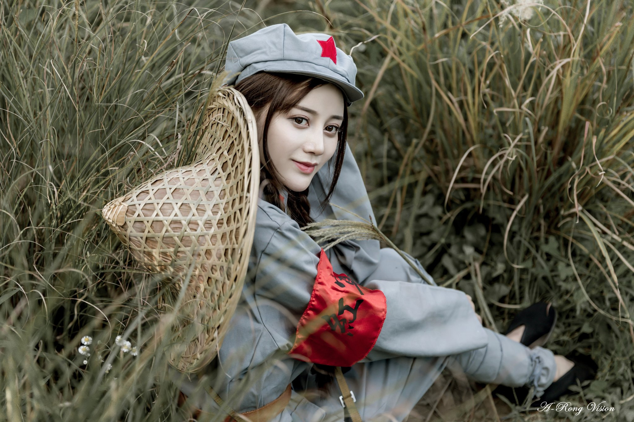 Women Model Brunette 500px Depth Of Field Asian Pigtails Cosplay Field Red Army Communism 2048x1365