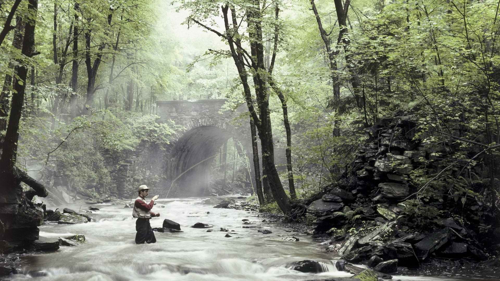 River Fishing Bridge Stream 1920x1080