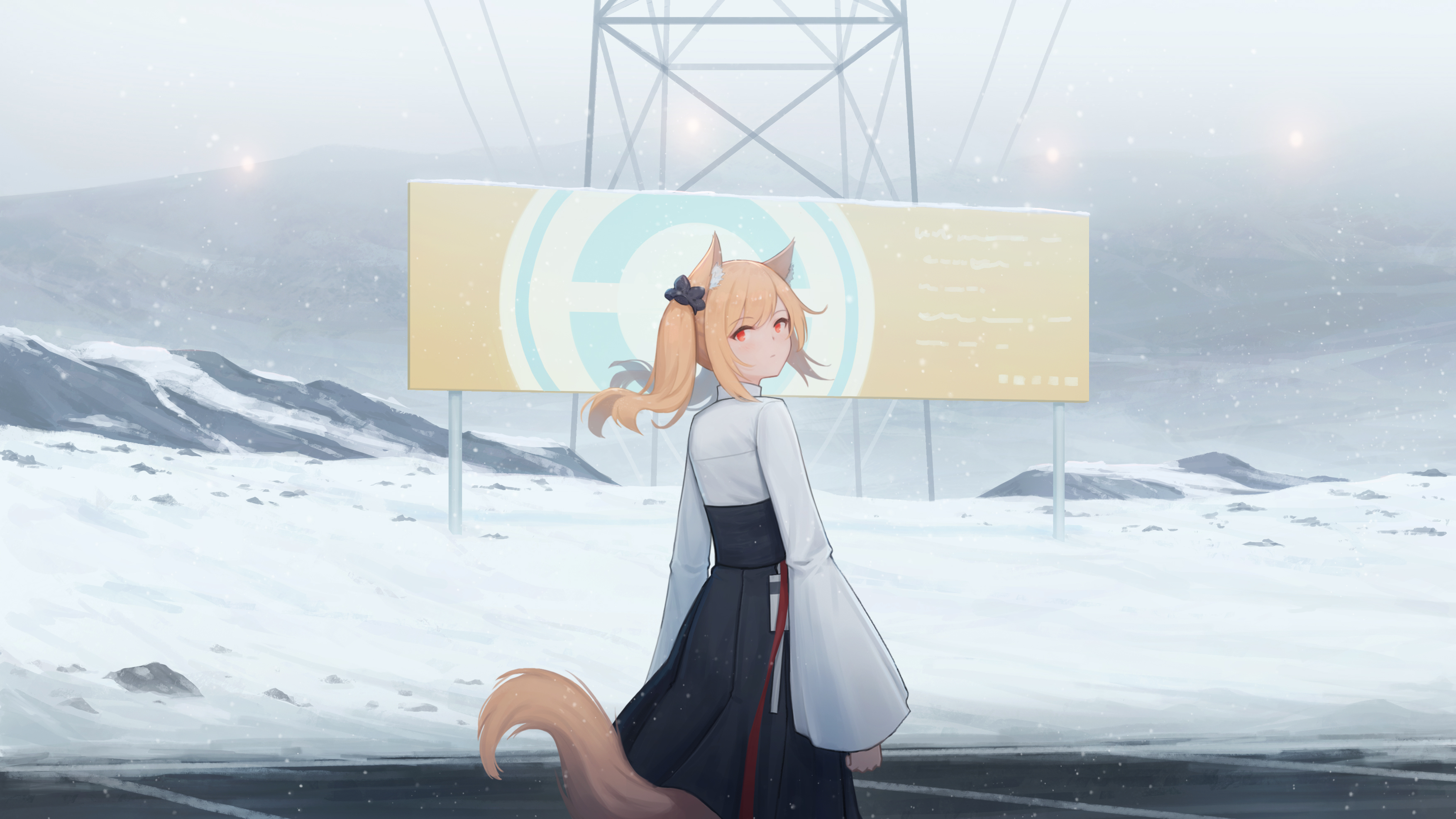 Looking Back Looking At Viewer Fox Girl Fox Ears Red Eyes Snow Mountains Power Lines Arknights Sora  3508x1973