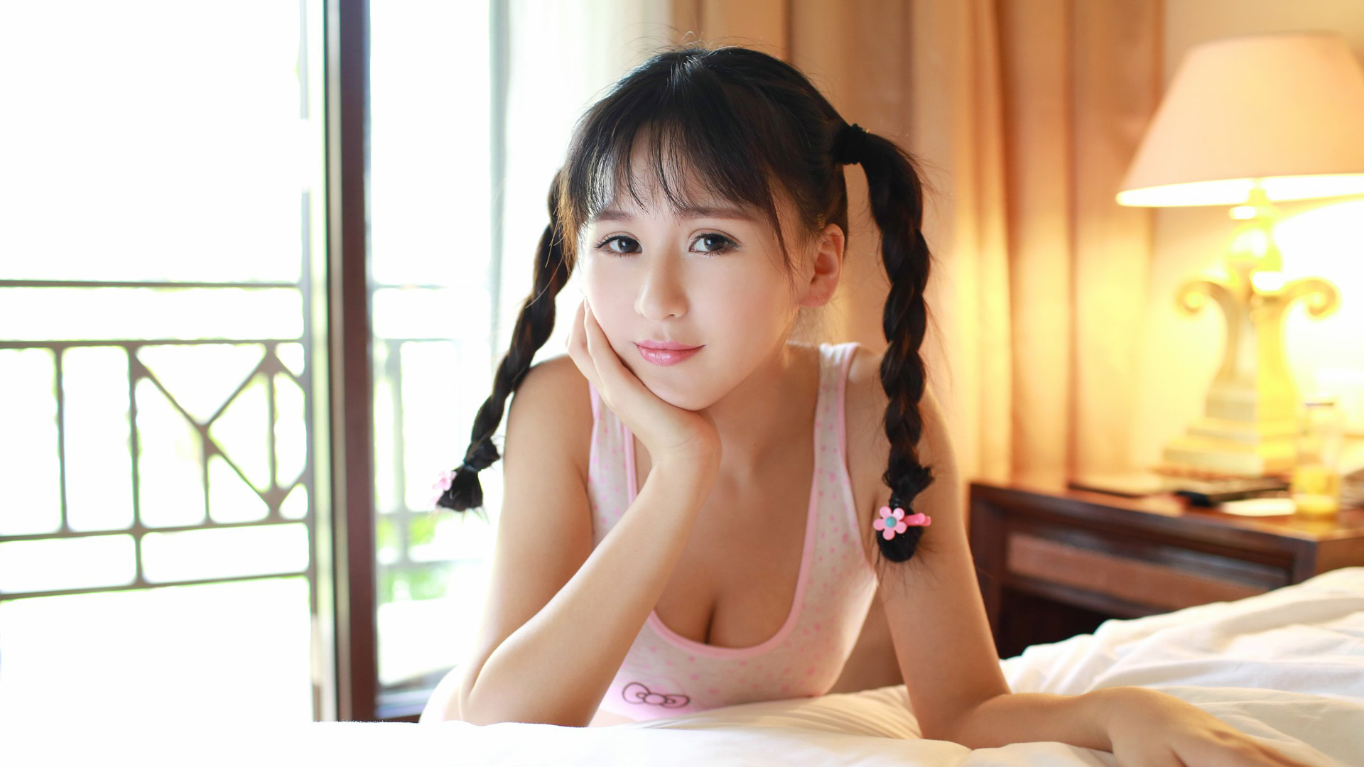 Braids Asian Face Twintails Looking At Viewer Lamp Hand On Face Ear Pink 1920x1080