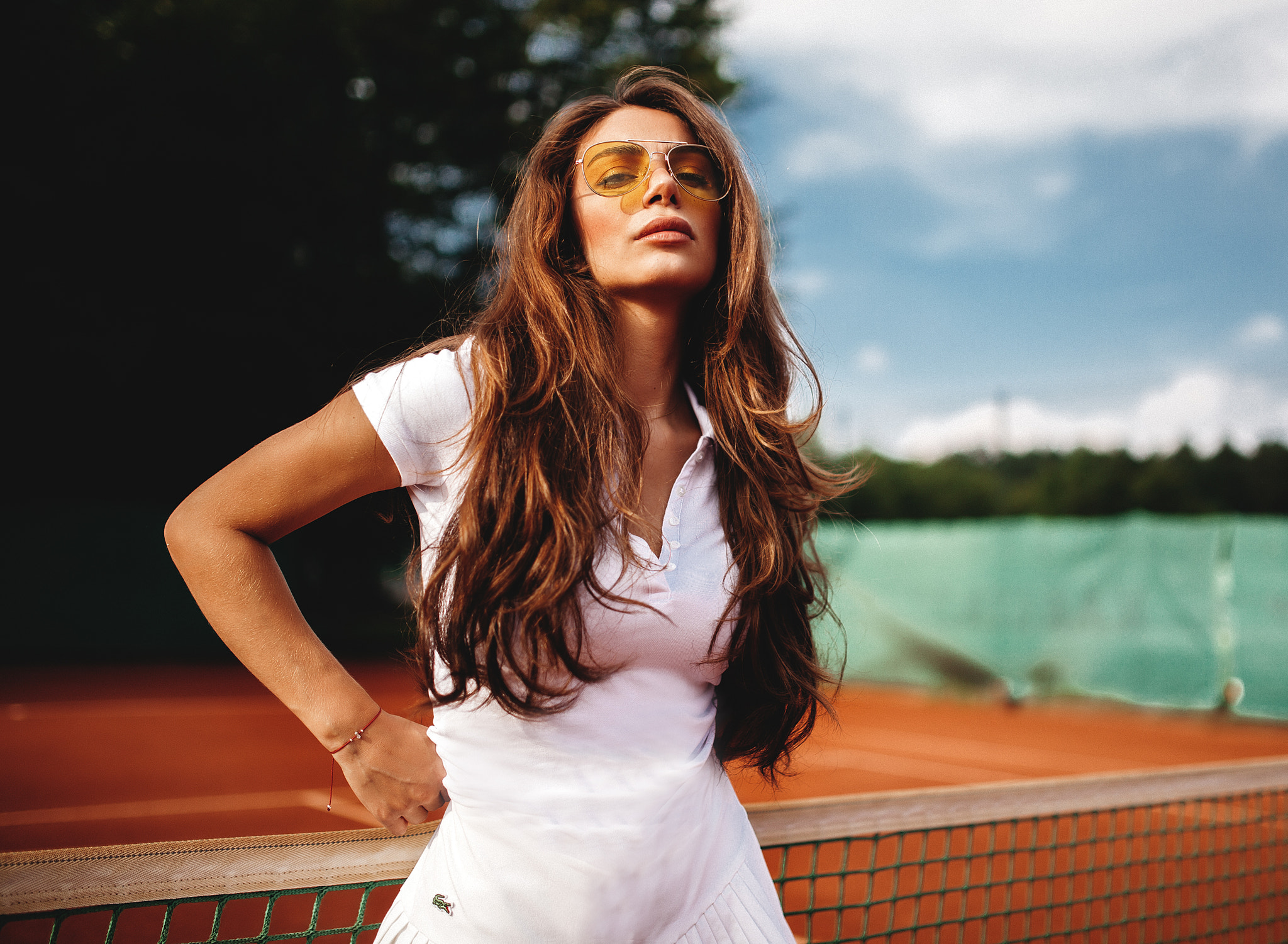 Women Portrait Women Outdoors White Clothing Tanned Sunglasses Lacoste Tennis Courts Brunette Long H 2048x1501