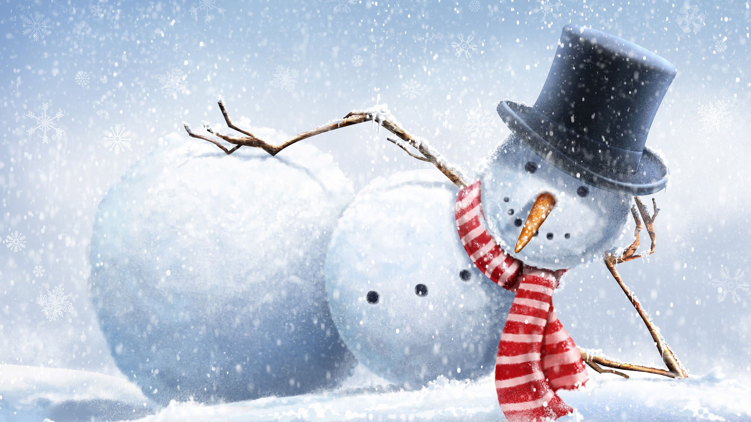 Drawing Snow Winter Snowman Top Hats Branch Carrots Snowflakes Scarf 2560x1440