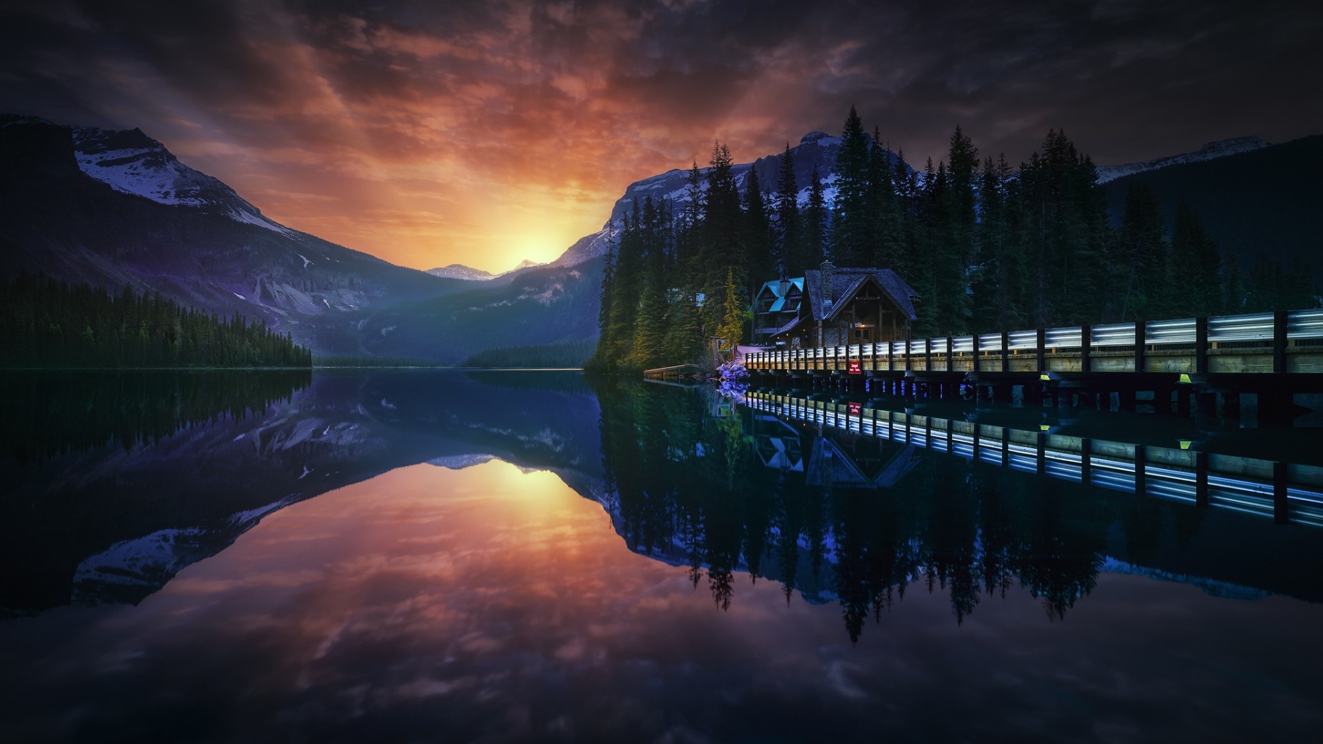 Architecture Building Evening Snowy Peak Water Lake Forest Sunset Reflection Pier House Winter Rocky 1920x1080