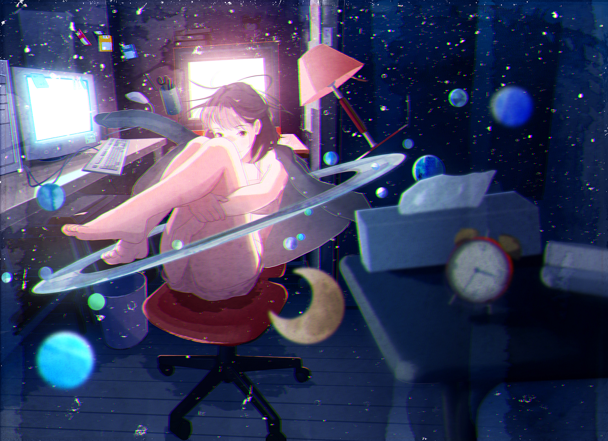 Dark Matter Anime Anime Girls Clocks Planet Universe Monitor Zero Gravity Glowing Floating Sitting S 2000x1451