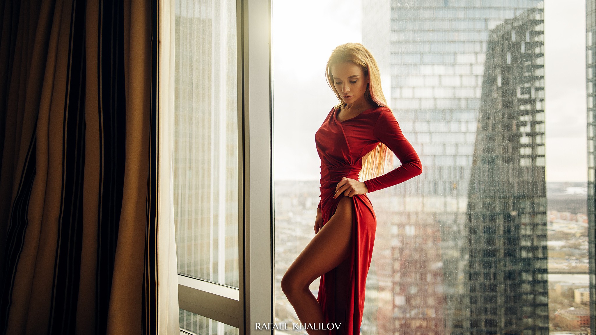 Rafael Khalilov Long Hair Women Model Dress Blonde Straight Hair Legs Ekaterina Zueva Red Dress 2048x1152