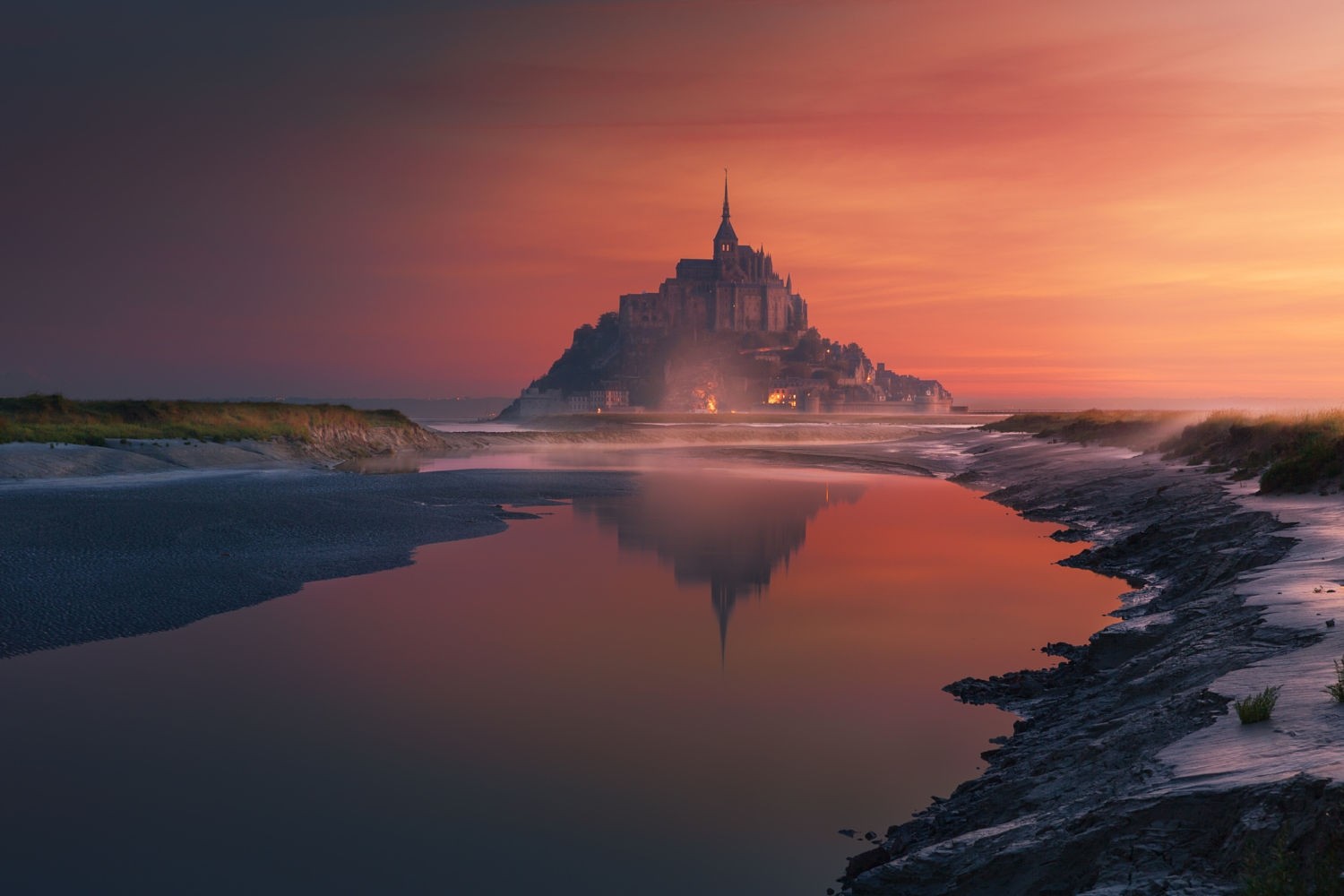 Nature Photography Landscape Sunset Mont Saint Michel France Reflection Abbey Island 1500x1000