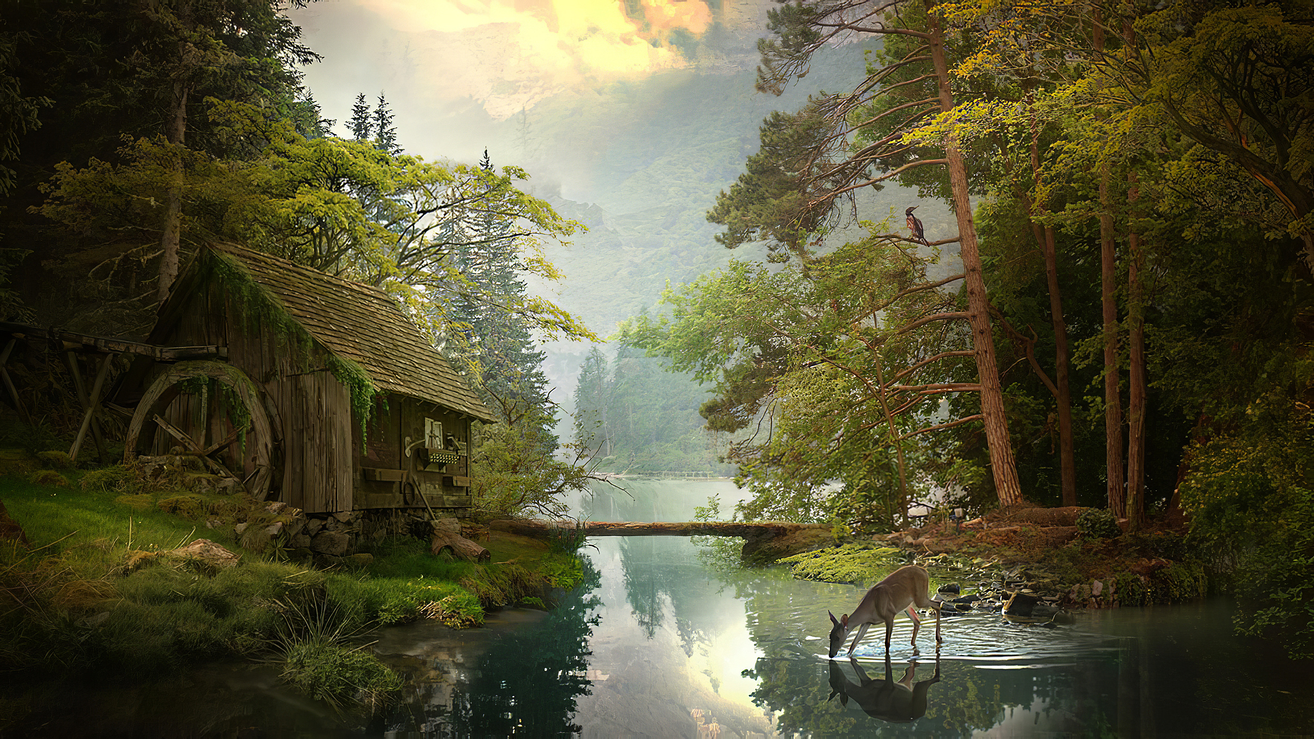 Digital Digital Art Landscape Nature Forest Trees Water River Deer Mill 2560x1440