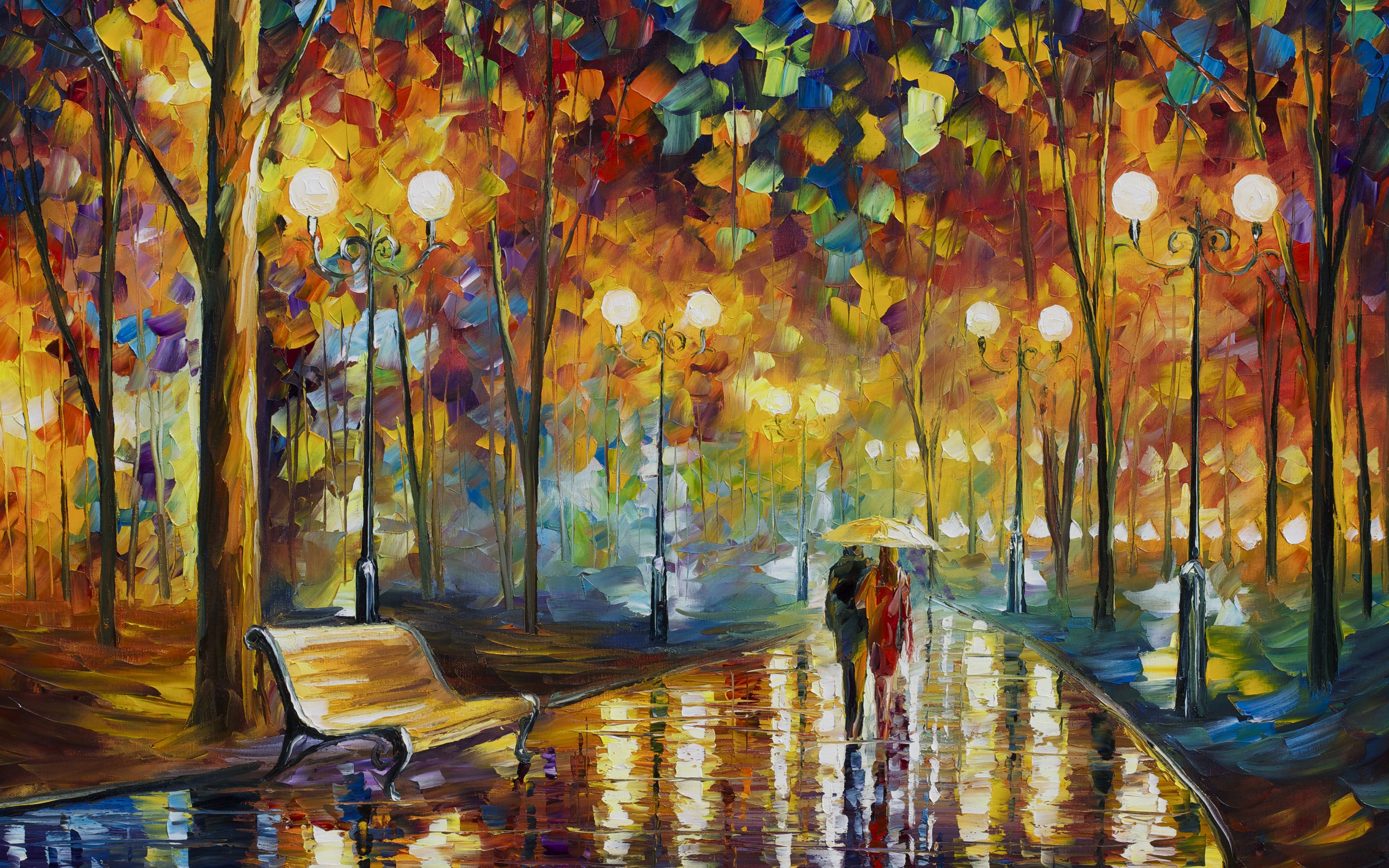 Painting Park Rain Trees Lights Artwork Couple Reflection Night Bench Leonid Afremov 3840x2400
