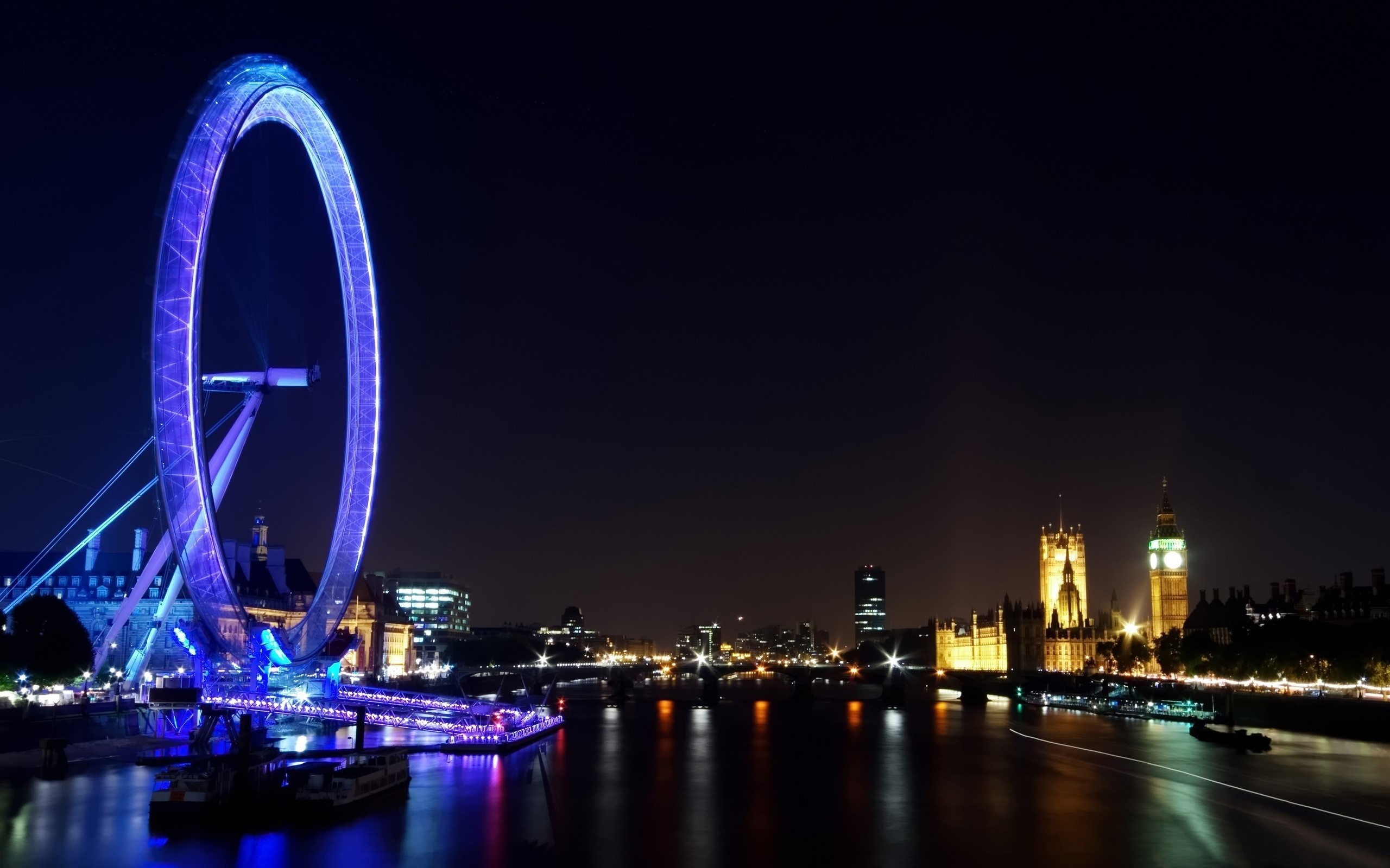 London Eye Ferris Wheel Big Ben Lights Night River Thames Westminster Cityscape 2560x1600
