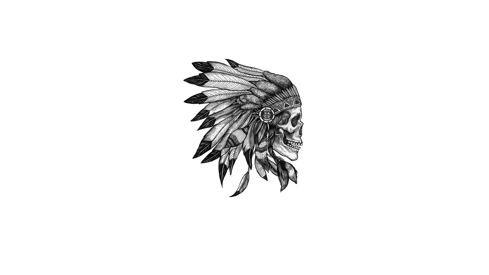 Digital Art Minimalism White Background Skull Native American Clothing Feathers Monochrome Drawing H 1920x1080