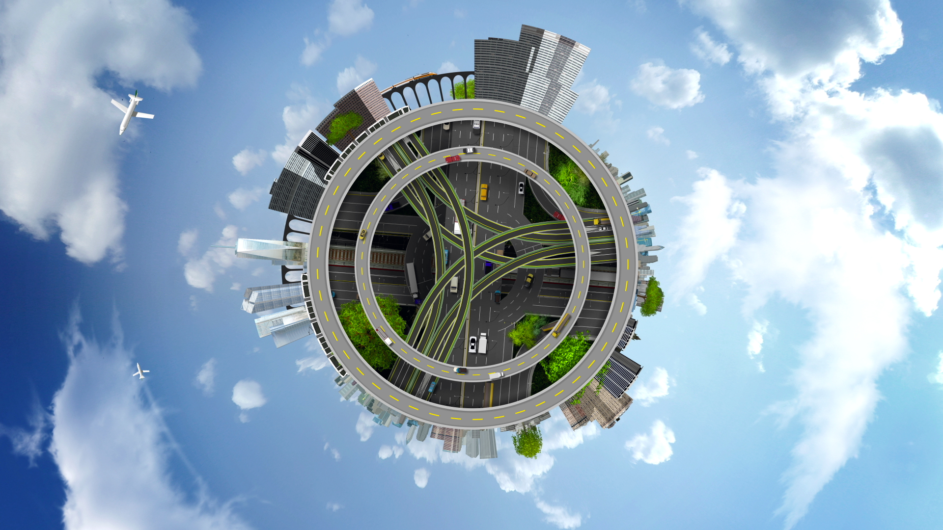 Architecture Modern Building Clouds Panoramic Sphere Road Car Airplane Bridge Digital Art Skyscraper 1920x1080