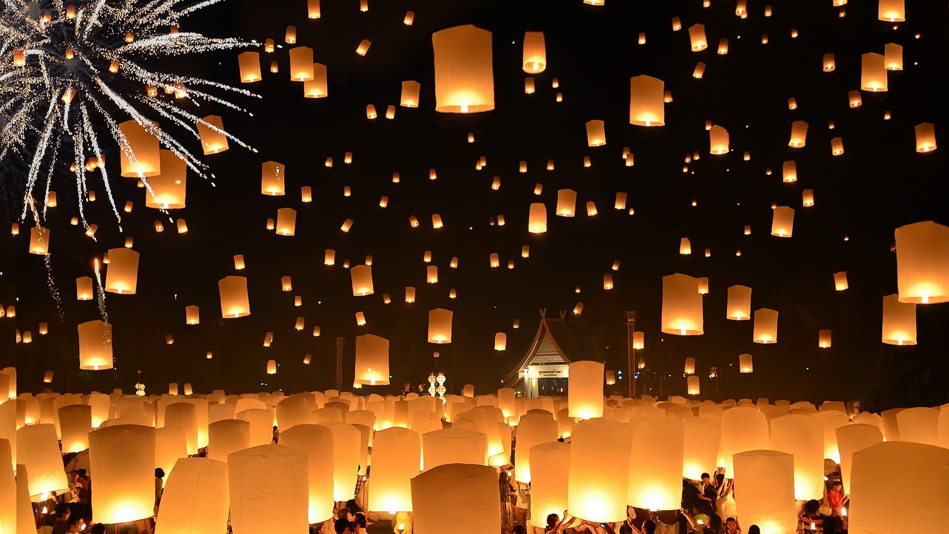 Night People Crowds Floating Lantern Lantern Festival Candles Thailand Fireworks House 1920x1080