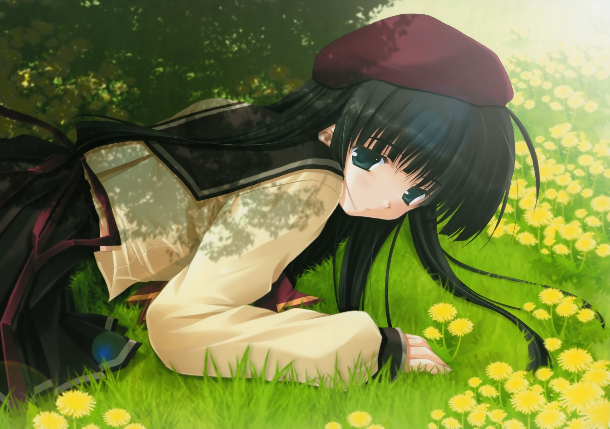 Anime Girls School Uniform Schoolgirl Grass Lying Down Sola 2000x1407