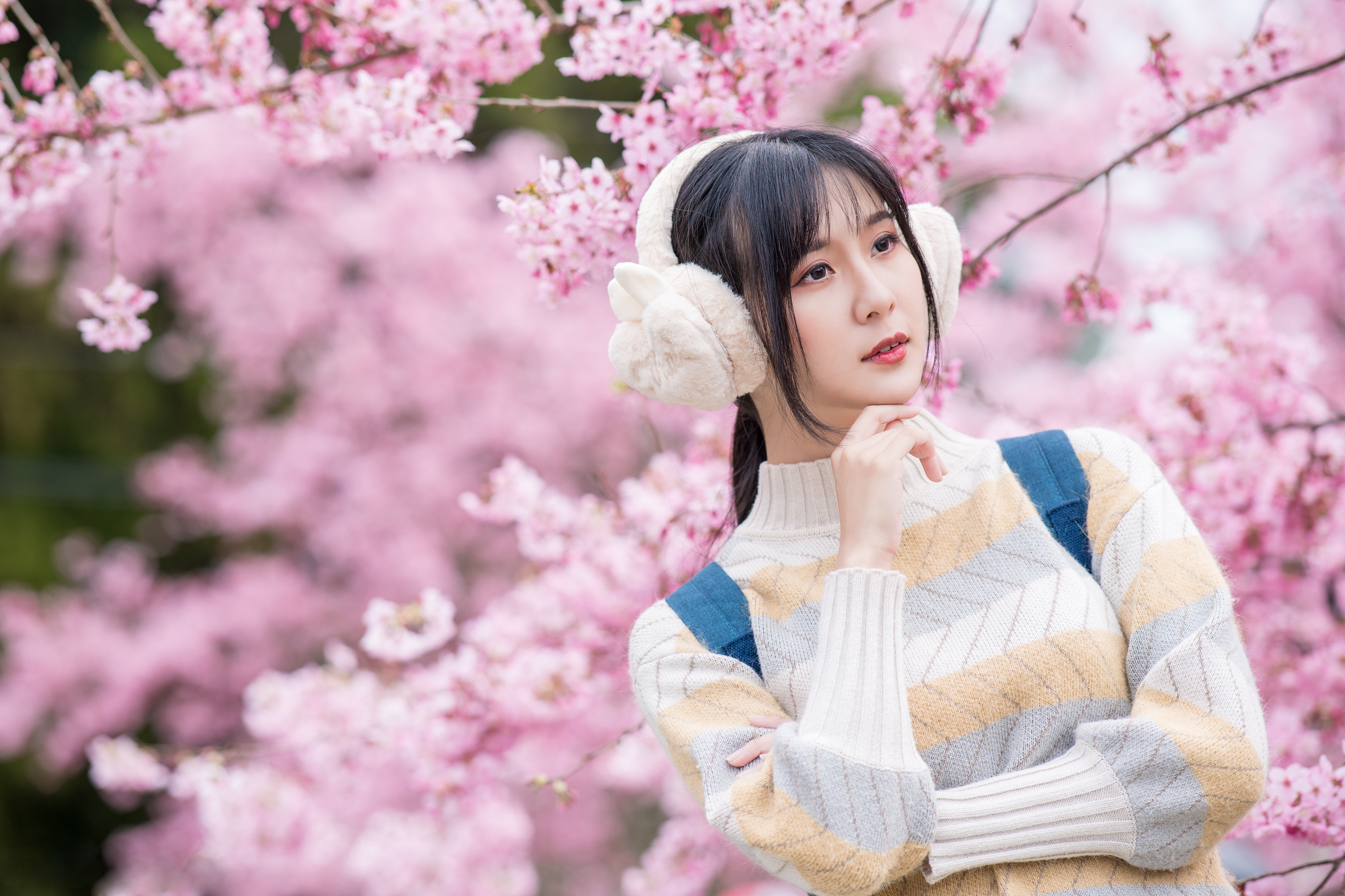 Asian Model Women Depth Of Field Long Hair Brunette Cherry Blossom Pullover Backpacks Ponytail Ear M 4096x2730