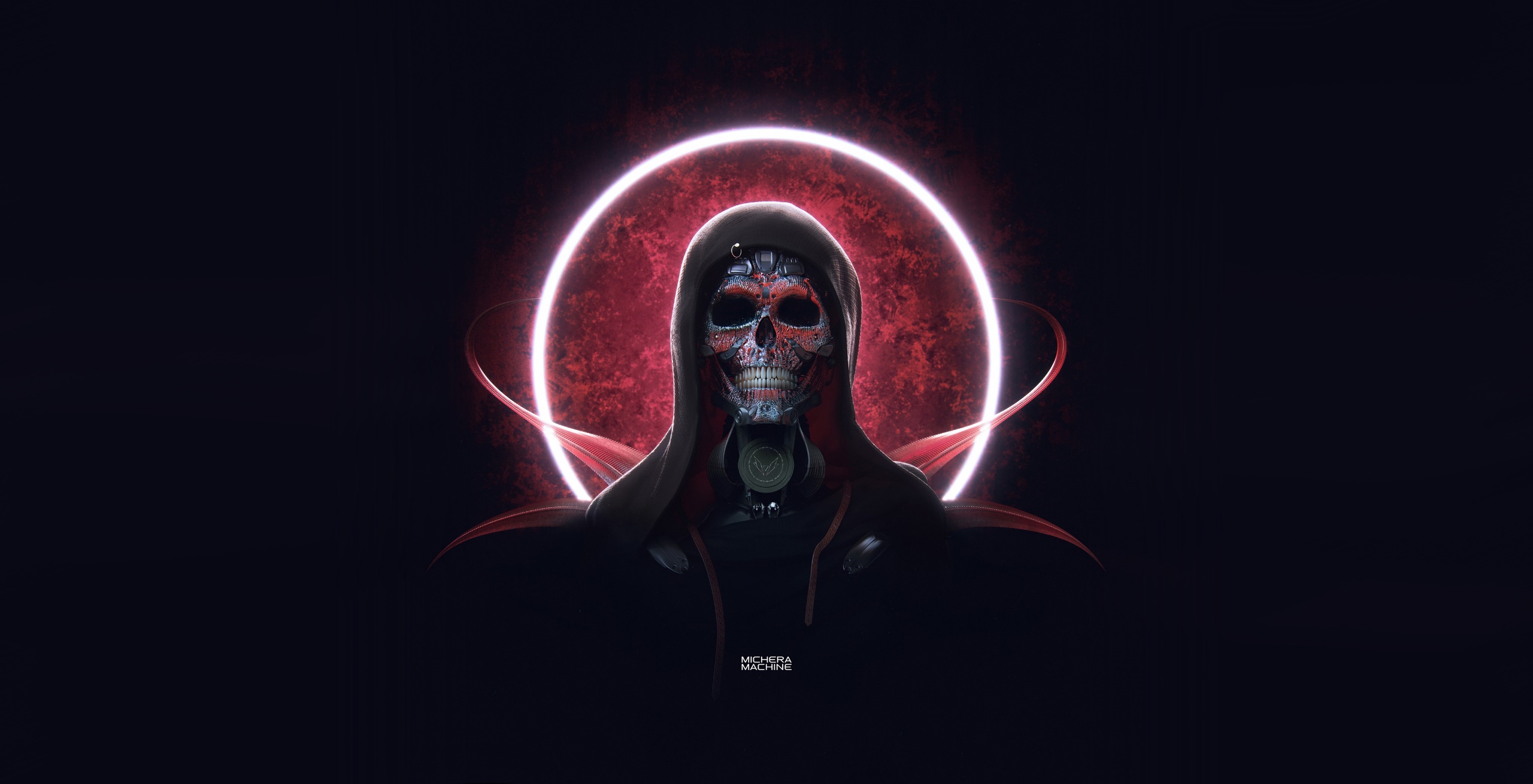 Skull Dark Artwork Michael Michera Red Circle Black Background 2560x1311